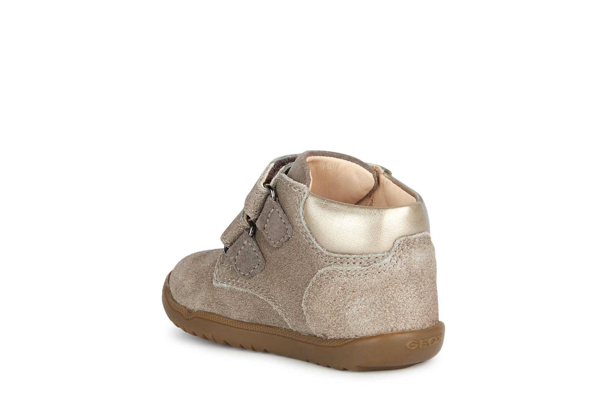 A girls ankle boot by Geox, style Macchia, in smoke grey with two velcro straps and front and heel bumpers. Angled left side view.