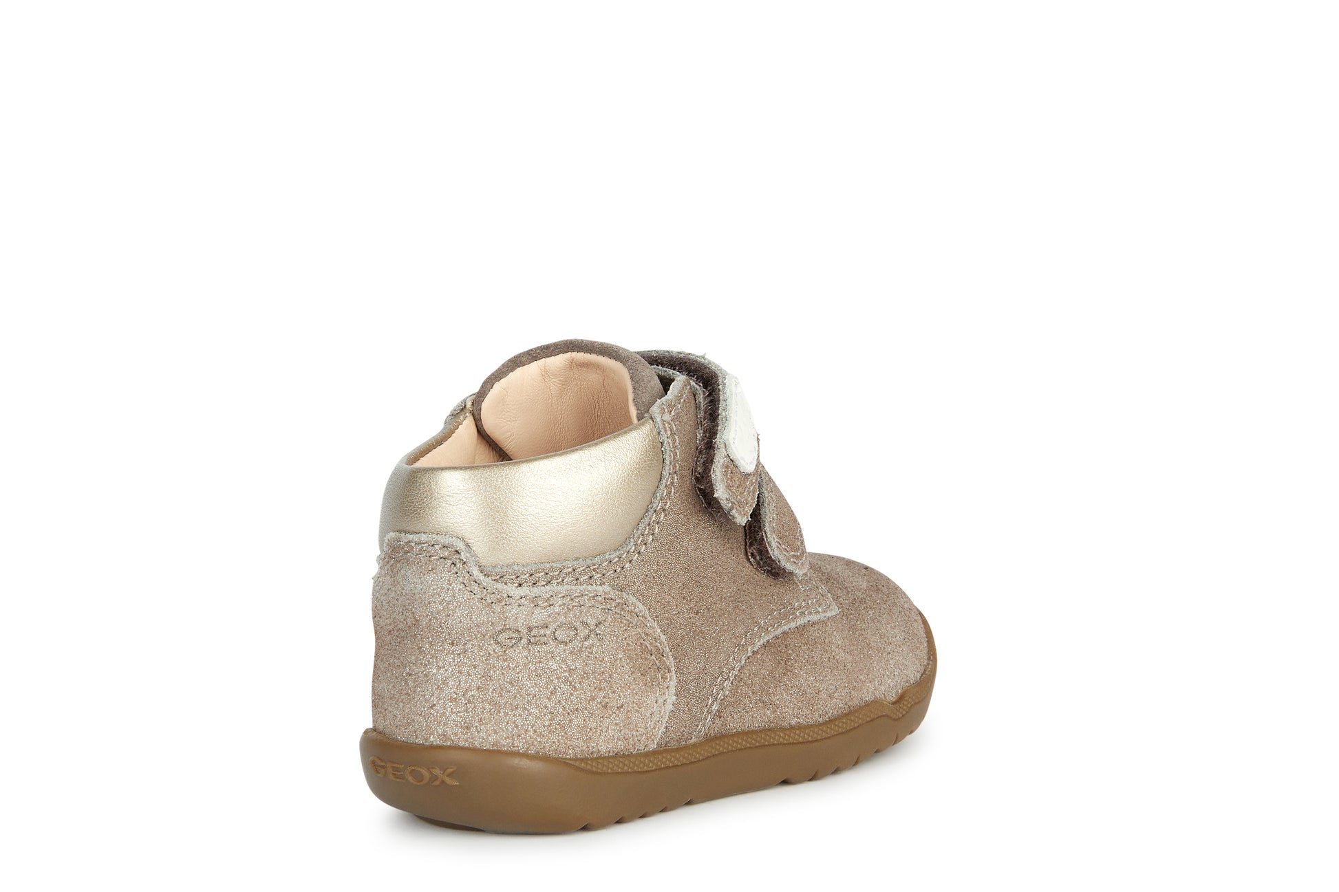 A girls ankle boot by Geox, style Macchia, in smoke grey with two velcro straps and front and heel bumpers. Angled right side view.