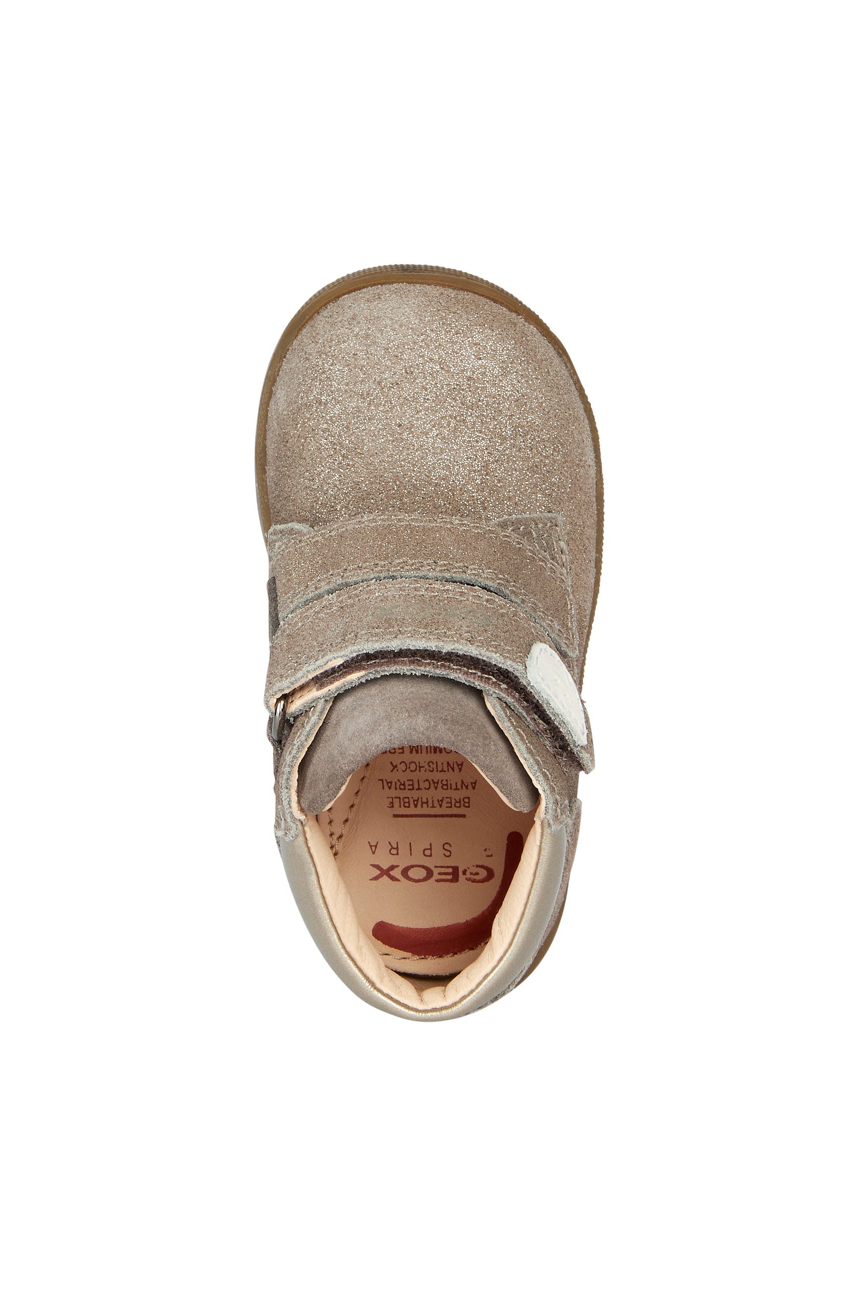 A girls ankle boot by Geox, style Macchia, in smoke grey with two velcro straps and front and heel bumpers. Above view.