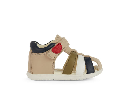 A boys closed toe sandal by Geox, style B Macchia, in beige multi nubuck leather with velcro fastening.Right side view.