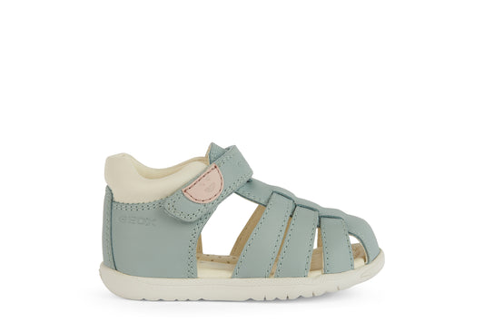 A girls closed toe sandal by Geox, style B Macchia, in light green nubuck leather with pale pink and white trim and velcro fastening.Right side view.