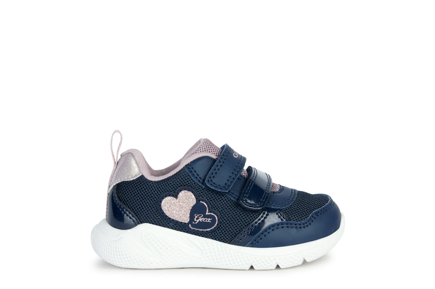 A girls trainer by Geox, style Sprintye, in navy and rose with double velcro fastening. Right side view.