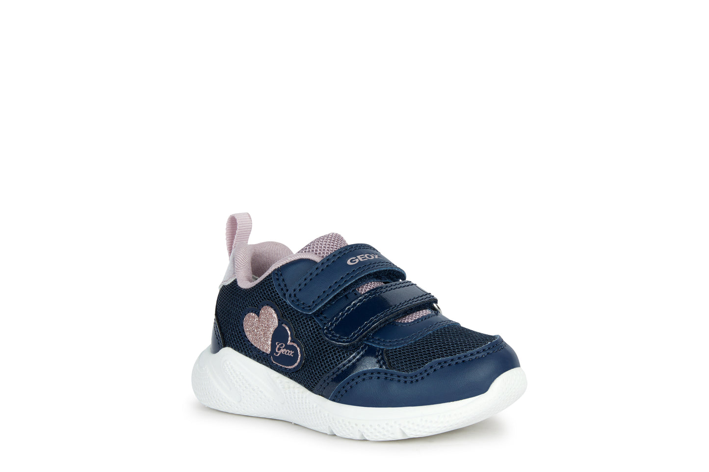 A girls trainer by Geox, style Sprintye, in navy and rose with double velcro fastening. Angled view.