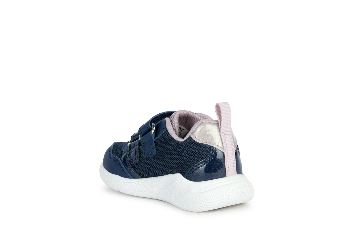 A girls trainer by Geox, style Sprintye, in navy and rose with double velcro fastening. Rear inner side view.