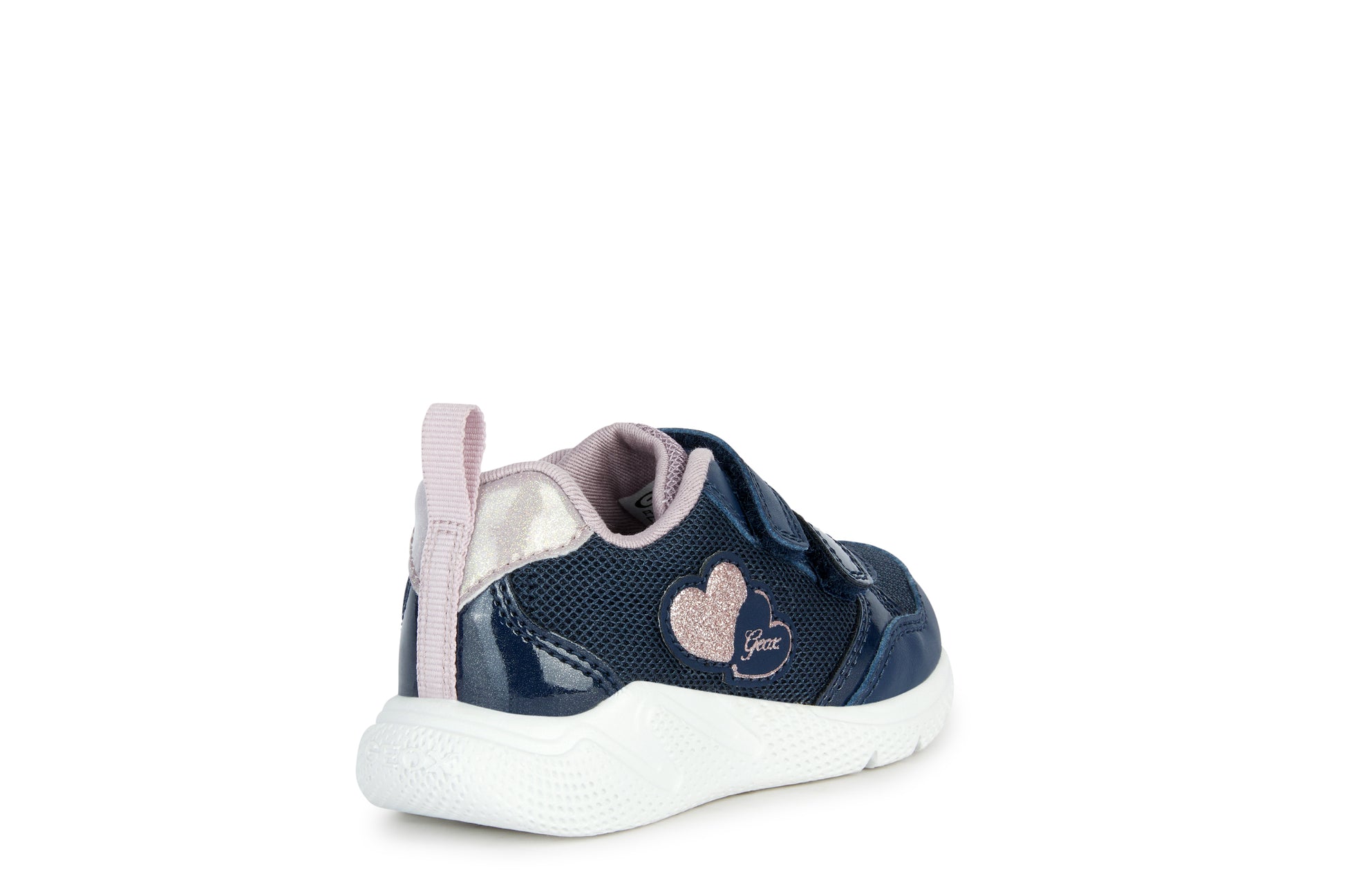 A girls trainer by Geox, style Sprintye, in navy and rose with double velcro fastening. Rear outer side view.