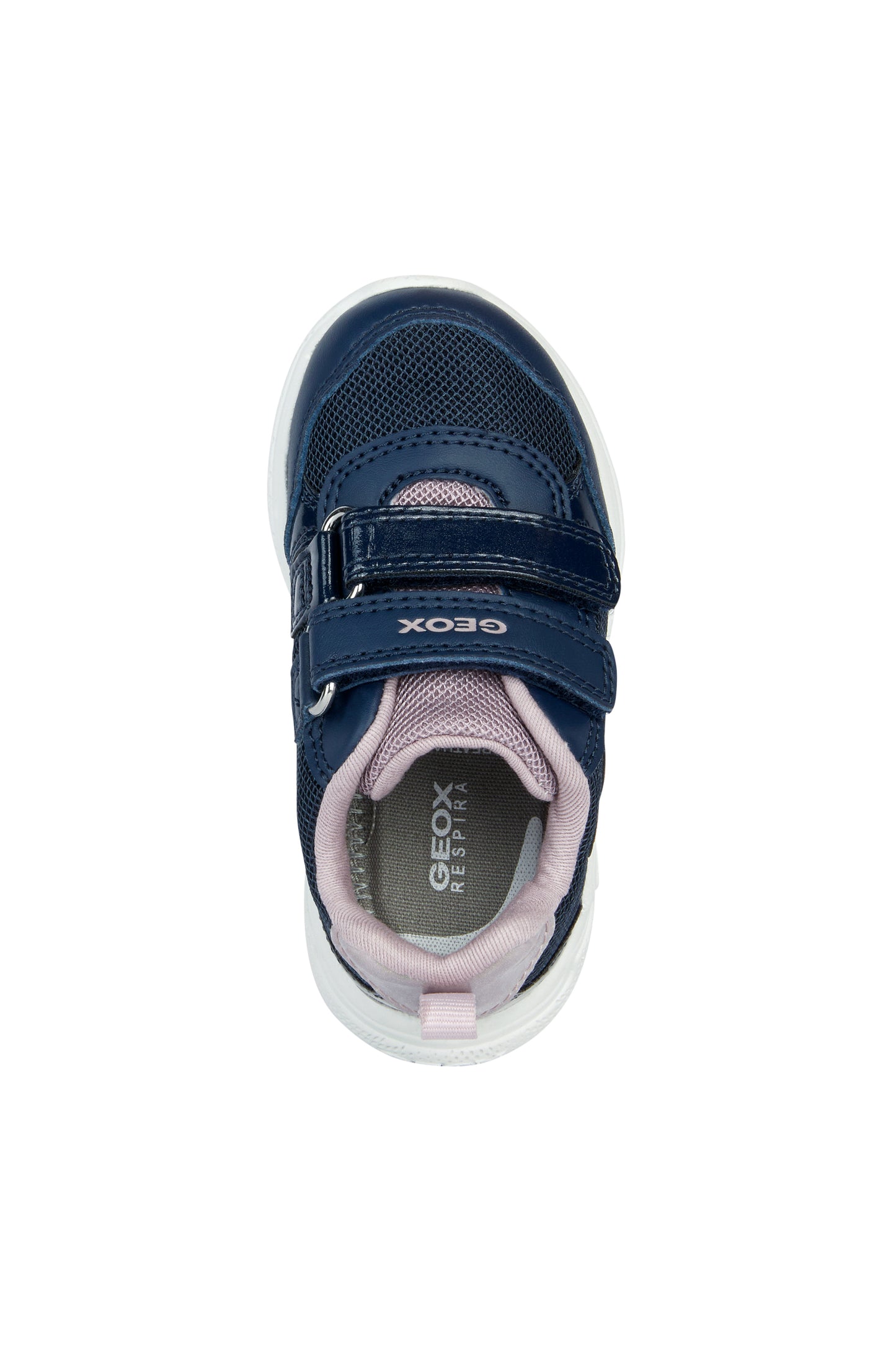 A girls trainer by Geox, style Sprintye, in navy and rose with double velcro fastening. Above view. 