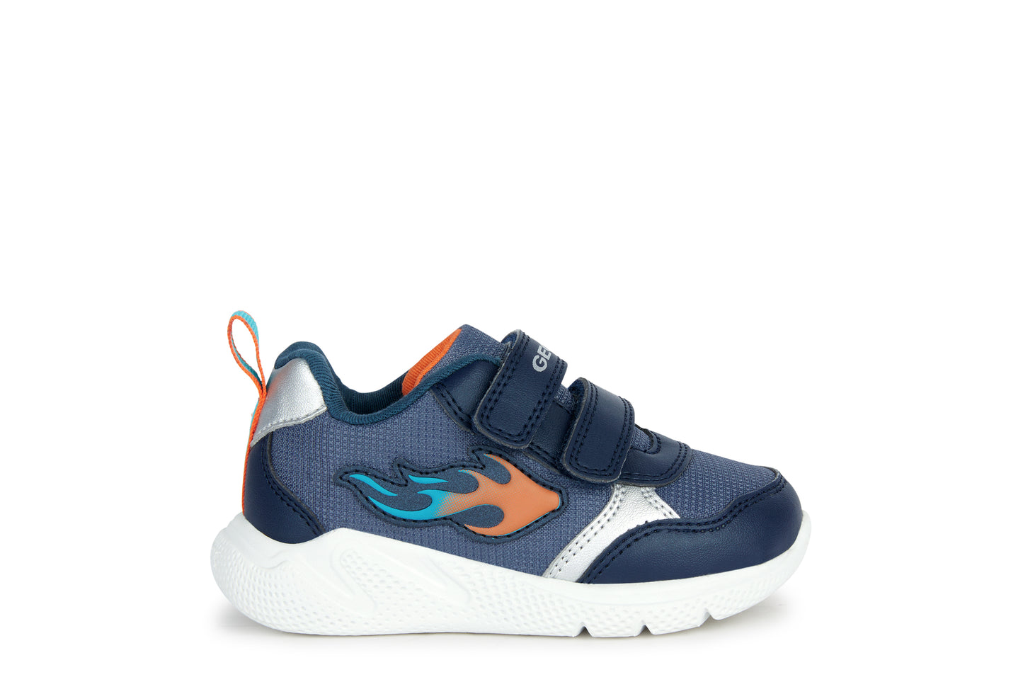 A boys trainer by Geox, style Sprintye, in navy and orange with double velcro fastening. Right side view.