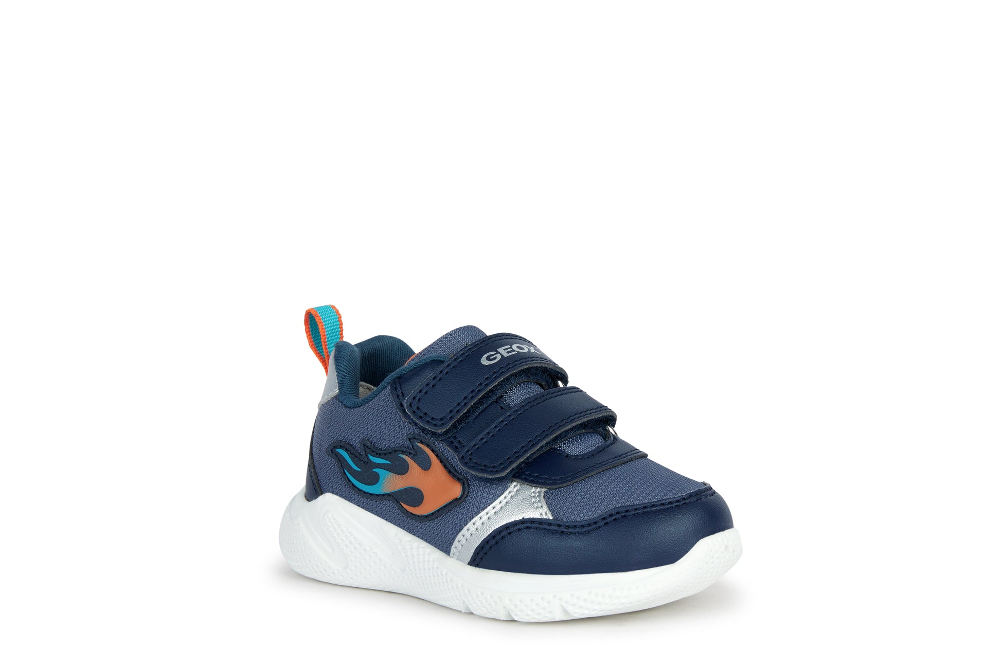 A boys trainer by Geox, style Sprintye, in navy and orange with double velcro fastening. Angled view.