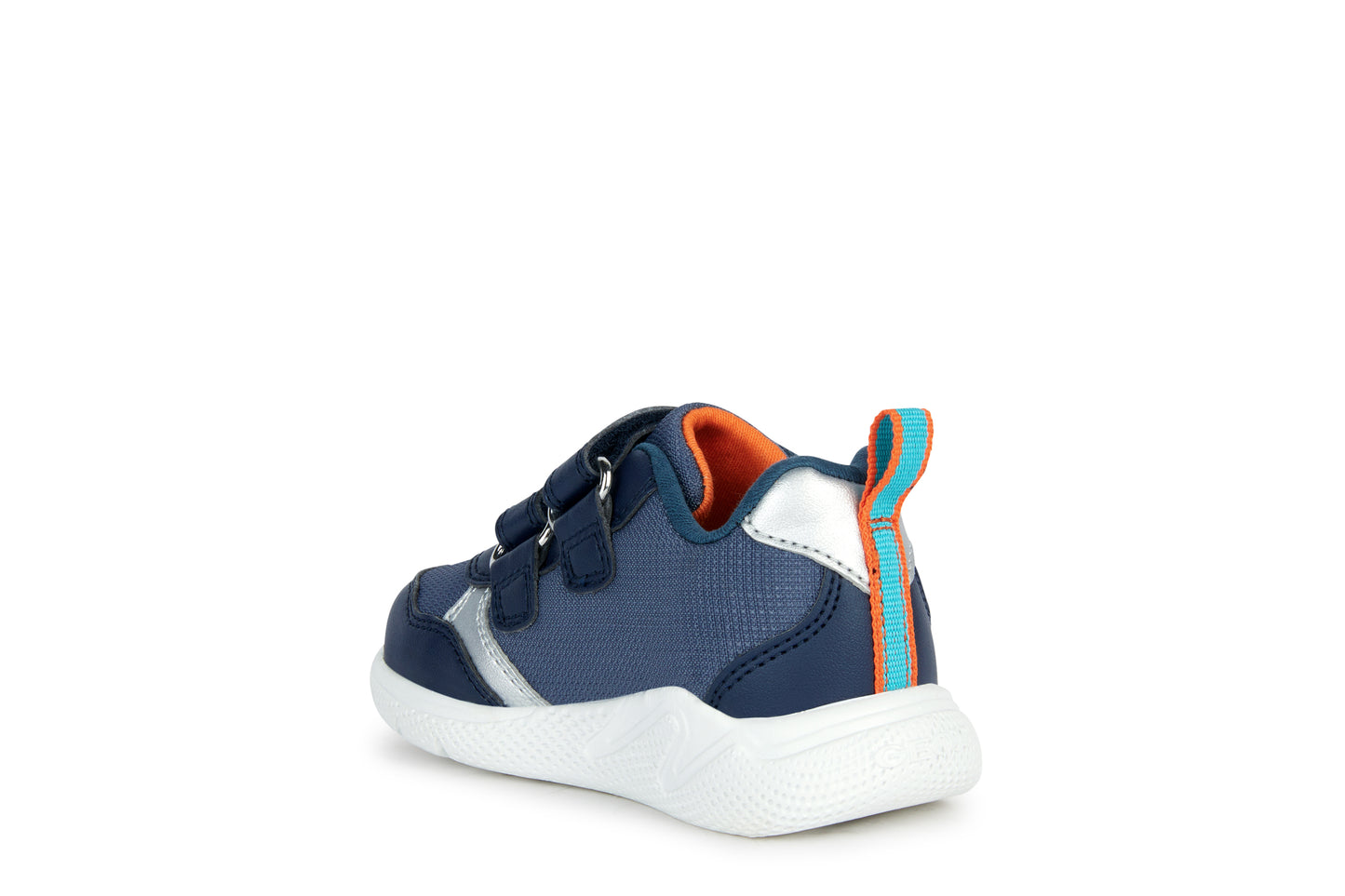 A boys trainer by Geox, style Sprintye, in navy and orange with double velcro fastening. Inner side view.