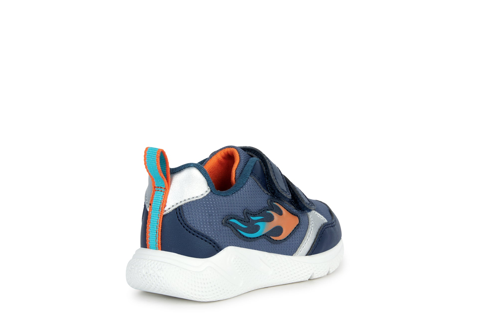 A boys trainer by Geox, style Sprintye, in navy and orange with a double velcro fastening. Rear outer side view.