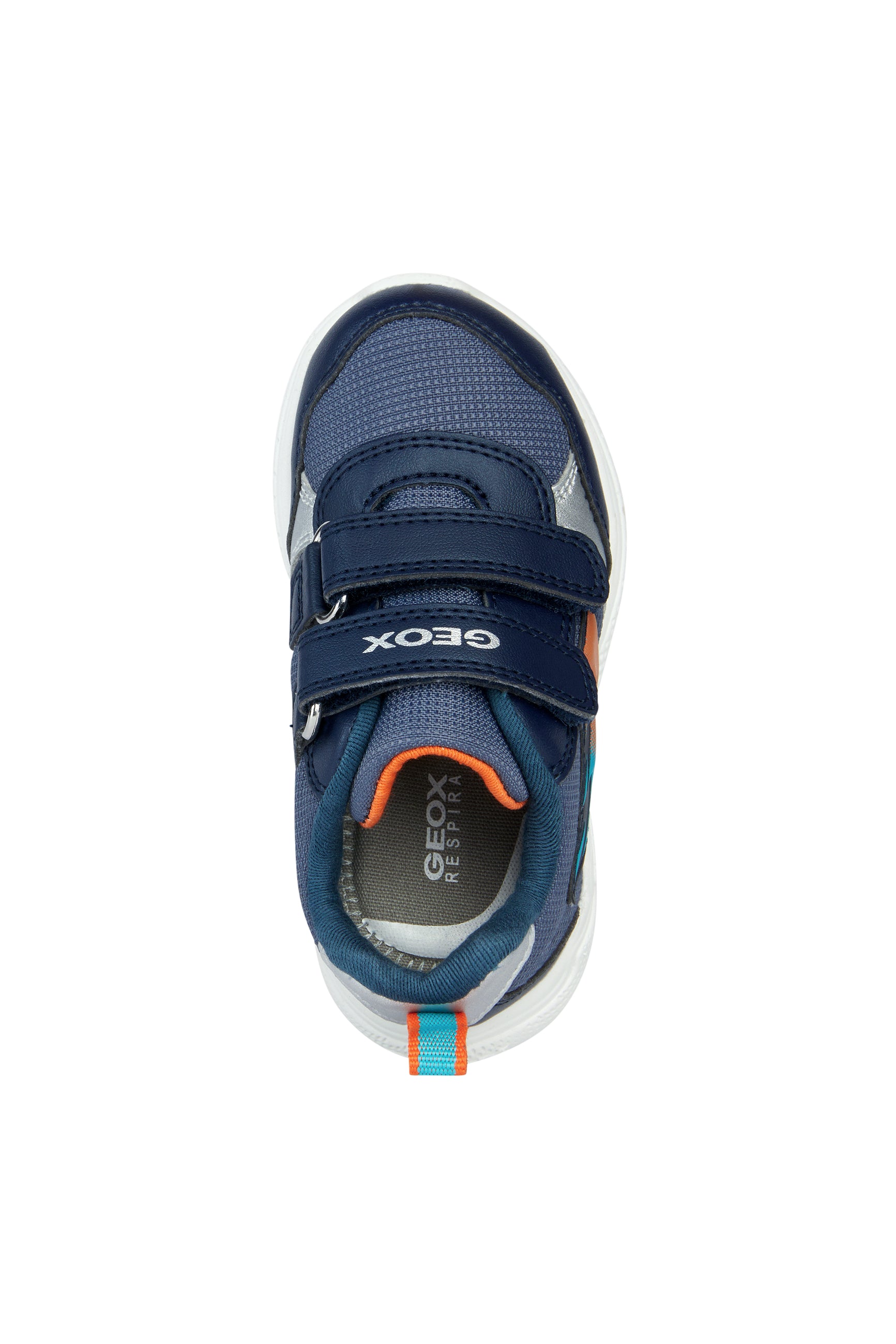 A boys trainer by Geox, style Sprintye, in navy and orange with double velcro fastening. Above view.