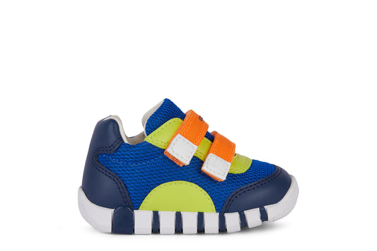 A boys pre walker by Geox, style Iupidoo, in blue/lime/orange multi with double velcro fastening. Right side view.