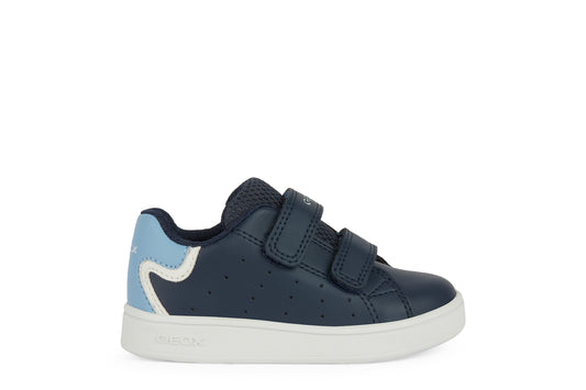 A boys casual shoe by Geox, style B Eclyper, in navy, light blue and white with double velcro fastening. Right side view.