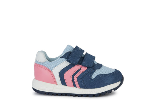 A girls trainer by Geox,style B Alben, in navy and light blue with pink and white trim and double velcro fastening. Right side view.