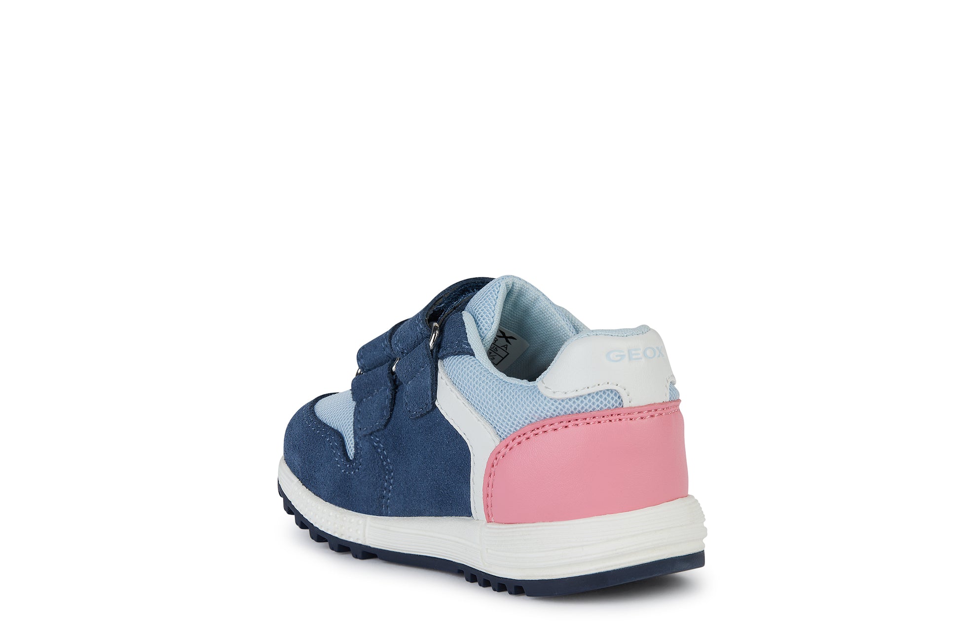 A girls trainer by Geox, style B Alben, in blue, pink and white with double velcro fastening. Angled left side view.