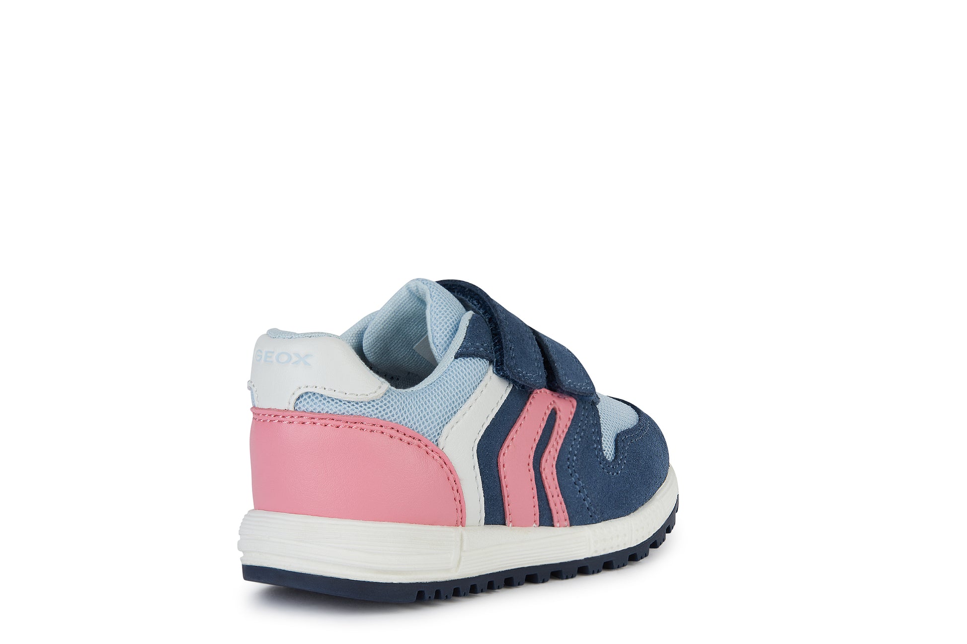 A girls trainer by Geox, style B Alben, in blue, pink and white with double velcro fastening. Angled right side view.