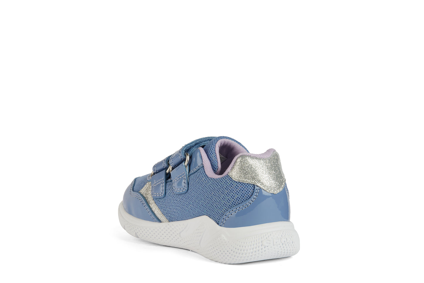A girls trainer by Geox, style B Sprintye, in blue with silver glitter trim, wing detail and double velcro fastening. Angled view of left side.