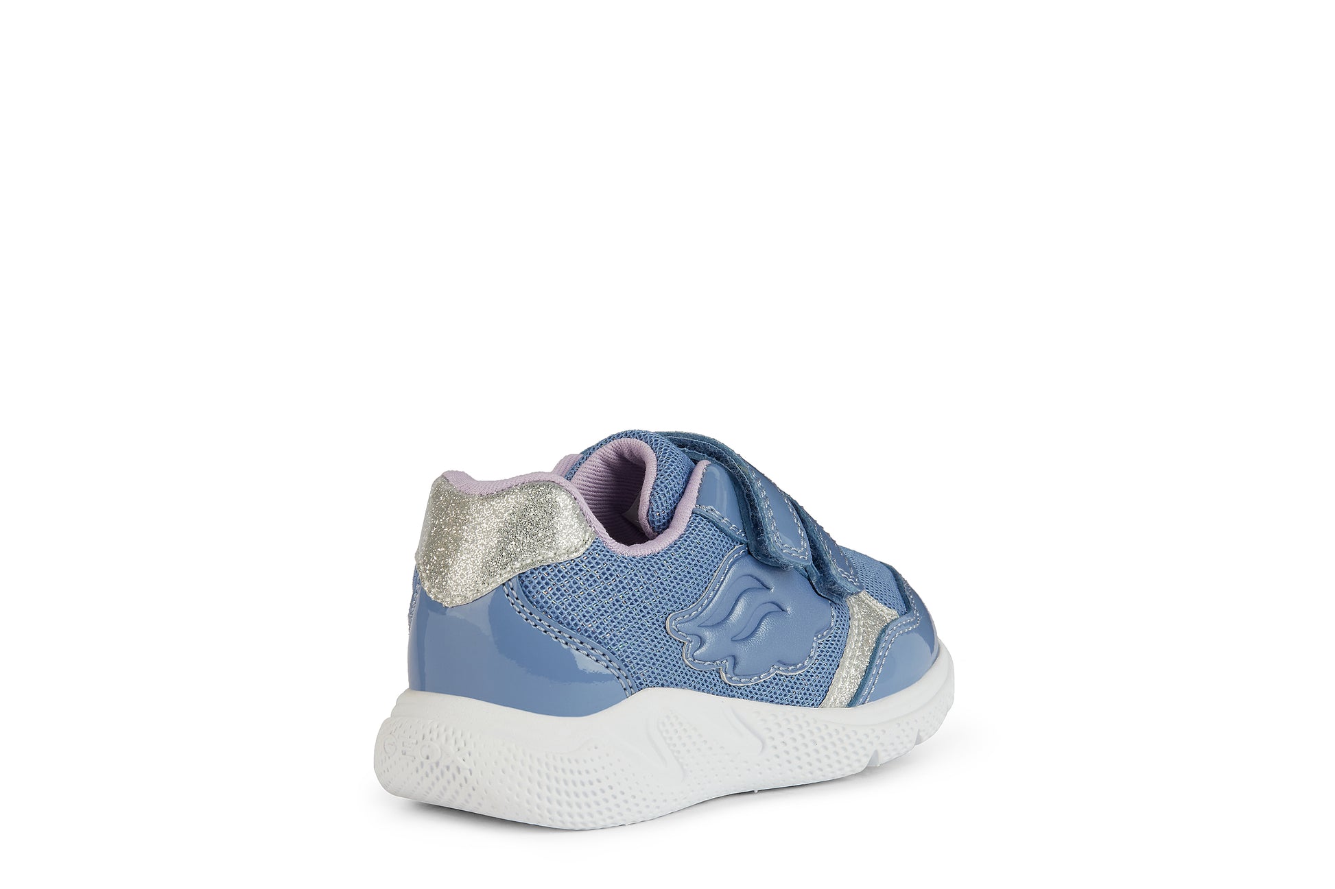 A girls trainer by Geox, style B Sprintye, in blue with silver glitter trim, wing detail and double velcro fastening. Angled view of right side.