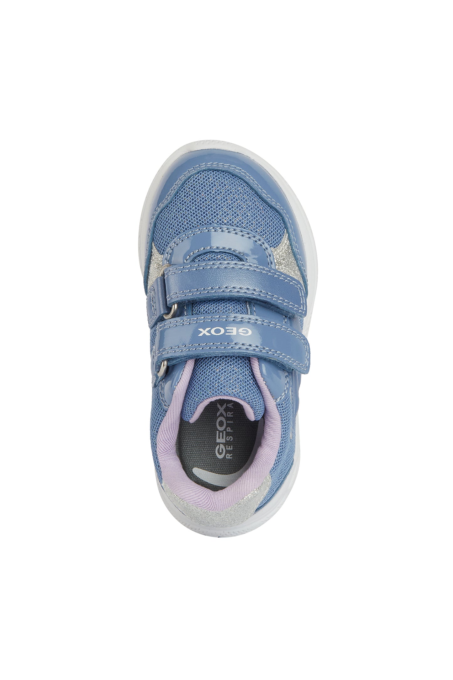 A girls trainer by Geox, style B Sprintye, in blue with silver glitter trim, wing detail and double velcro fastening. View from above.