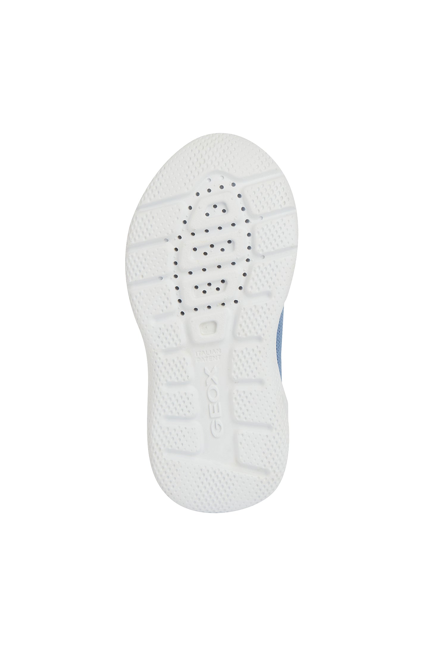 A girls trainer by Geox, style B Sprintye, in blue with silver glitter trim, wing detail and double velcro fastening. View of white sole.