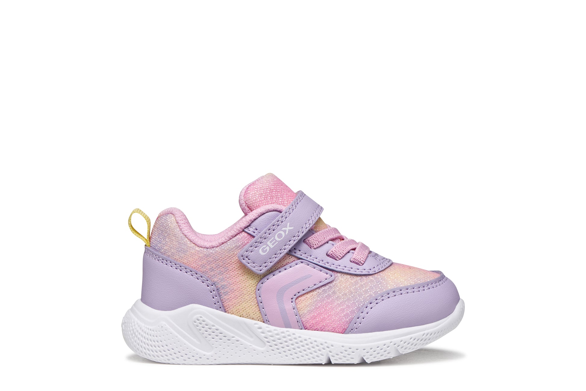 A girls trainer by Geox, style Sprintye in lilac/pik with ombre mesh detailing, velcro strap and elastic laces. Right side view
