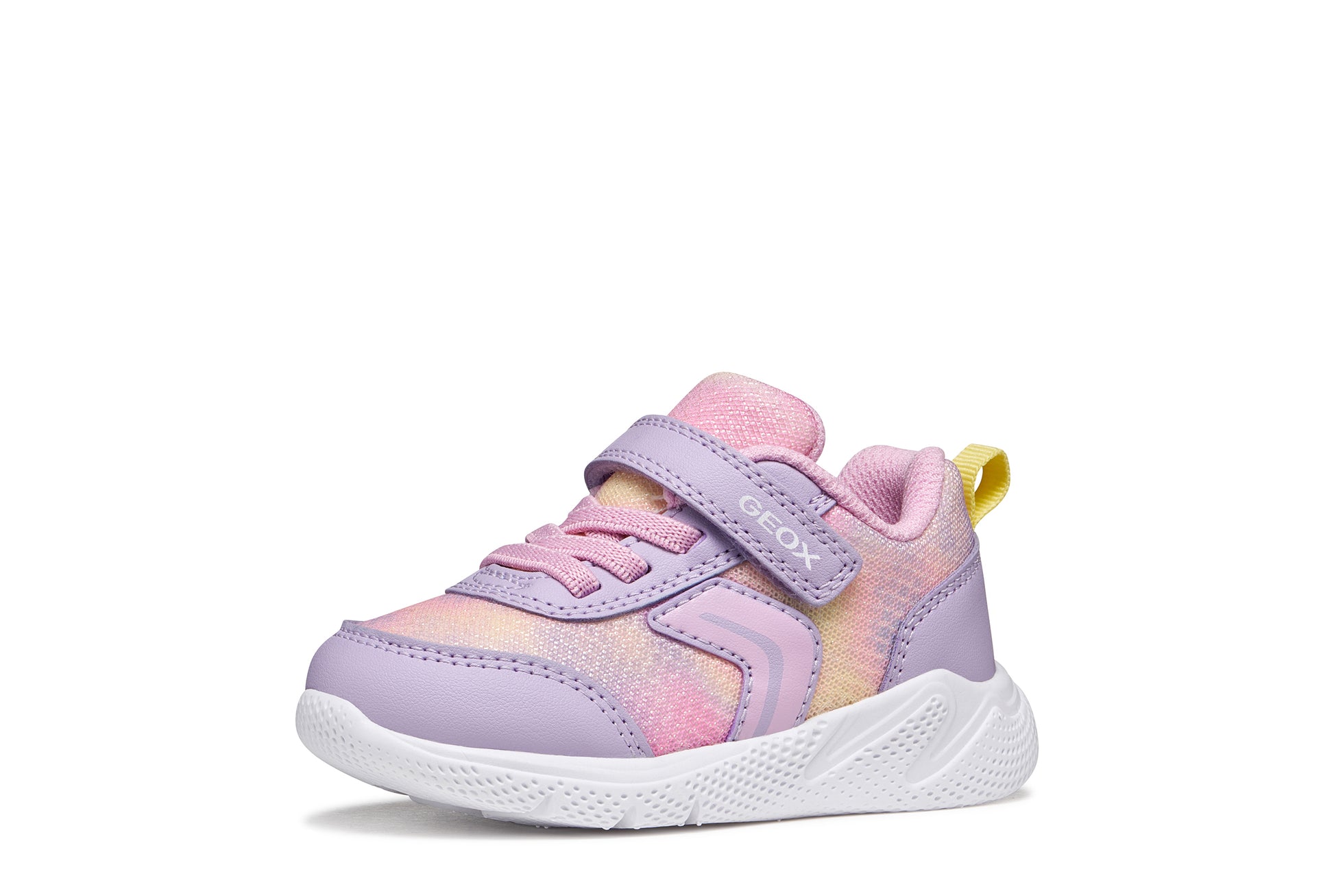 A girls trainer by Geox, style Sprintye in lilac/pik with ombre mesh detailing, velcro strap and elastic laces. Left side view