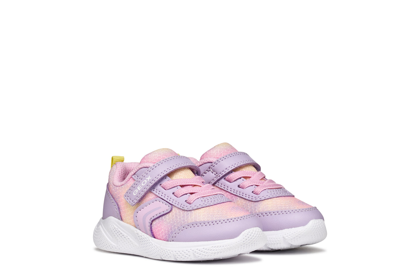 A girls trainer by Geox, style Sprintye in lilac/pik with ombre mesh detailing, velcro strap and elastic laces. View of pair