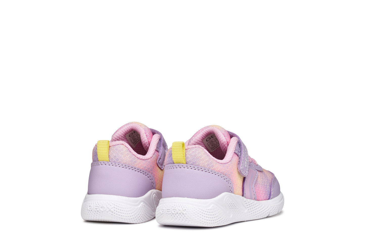 A girls trainer by Geox, style Sprintye in lilac/pik with ombre mesh detailing, velcro strap and elastic laces. Back view of pair