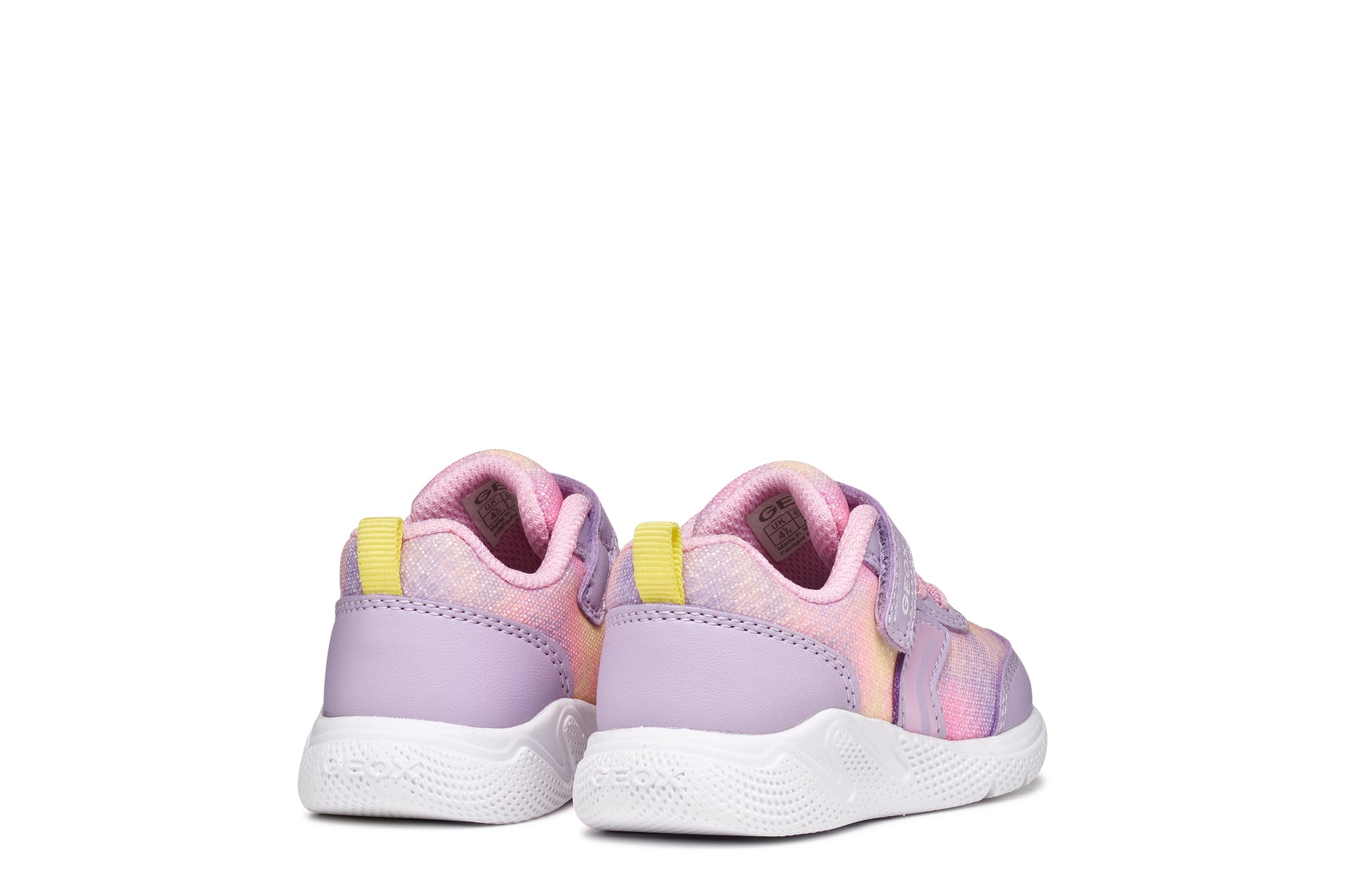 A girls trainer by Geox, style Sprintye in lilac/pik with ombre mesh detailing, velcro strap and elastic laces. Back view of pair