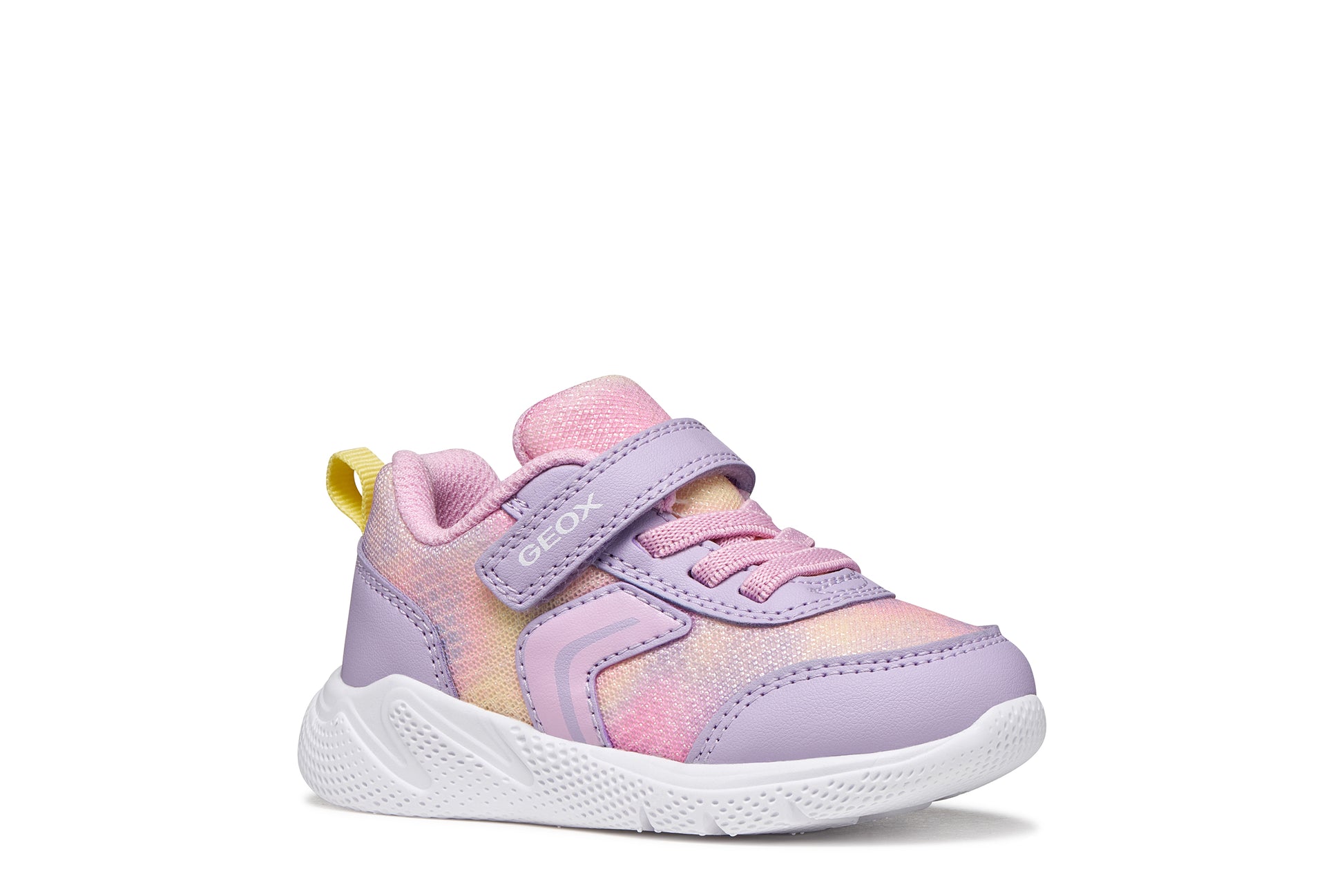 A girls trainer by Geox, style Sprintye in lilac/pik with ombre mesh detailing, velcro strap and elastic laces. Right side view