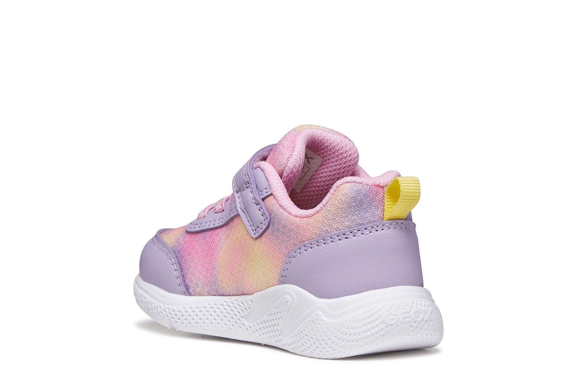 A girls trainer by Geox, style Sprintye in lilac/pik with ombre mesh detailing, velcro strap and elastic laces. Inner back view