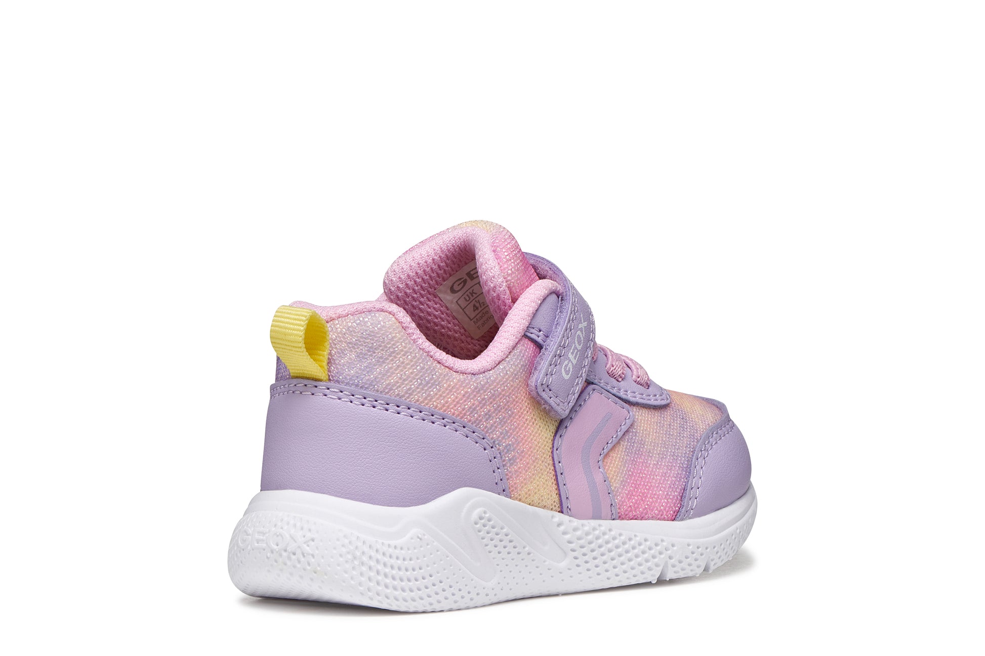 A girls trainer by Geox, style Sprintye in lilac/pink with ombre mesh detailing, velcro strap and elastic laces. Outer back view