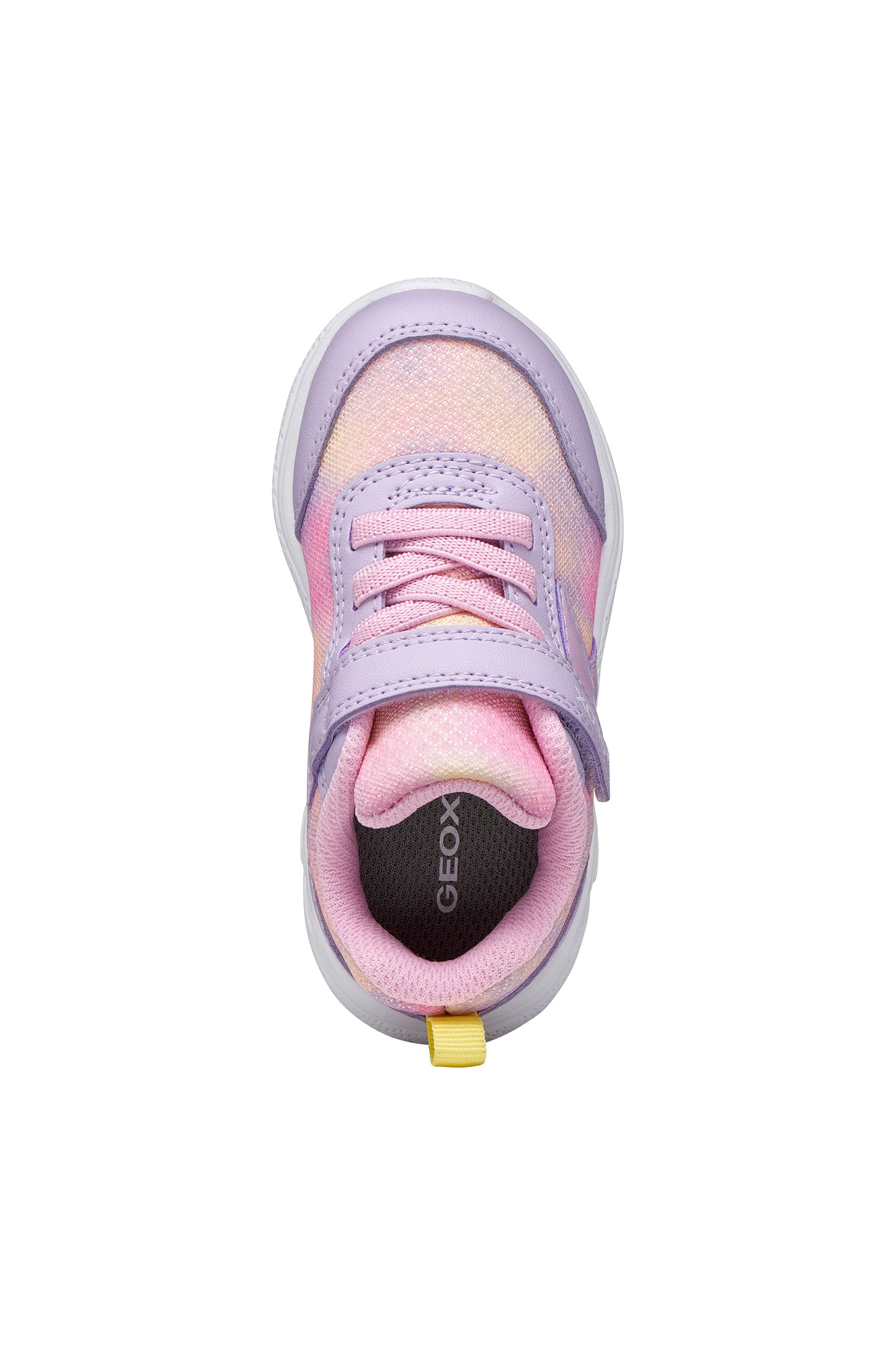 A girls trainer by Geox, style Sprintye in lilac/pink with ombre mesh detailing, velcro strap and elastic laces. Top view