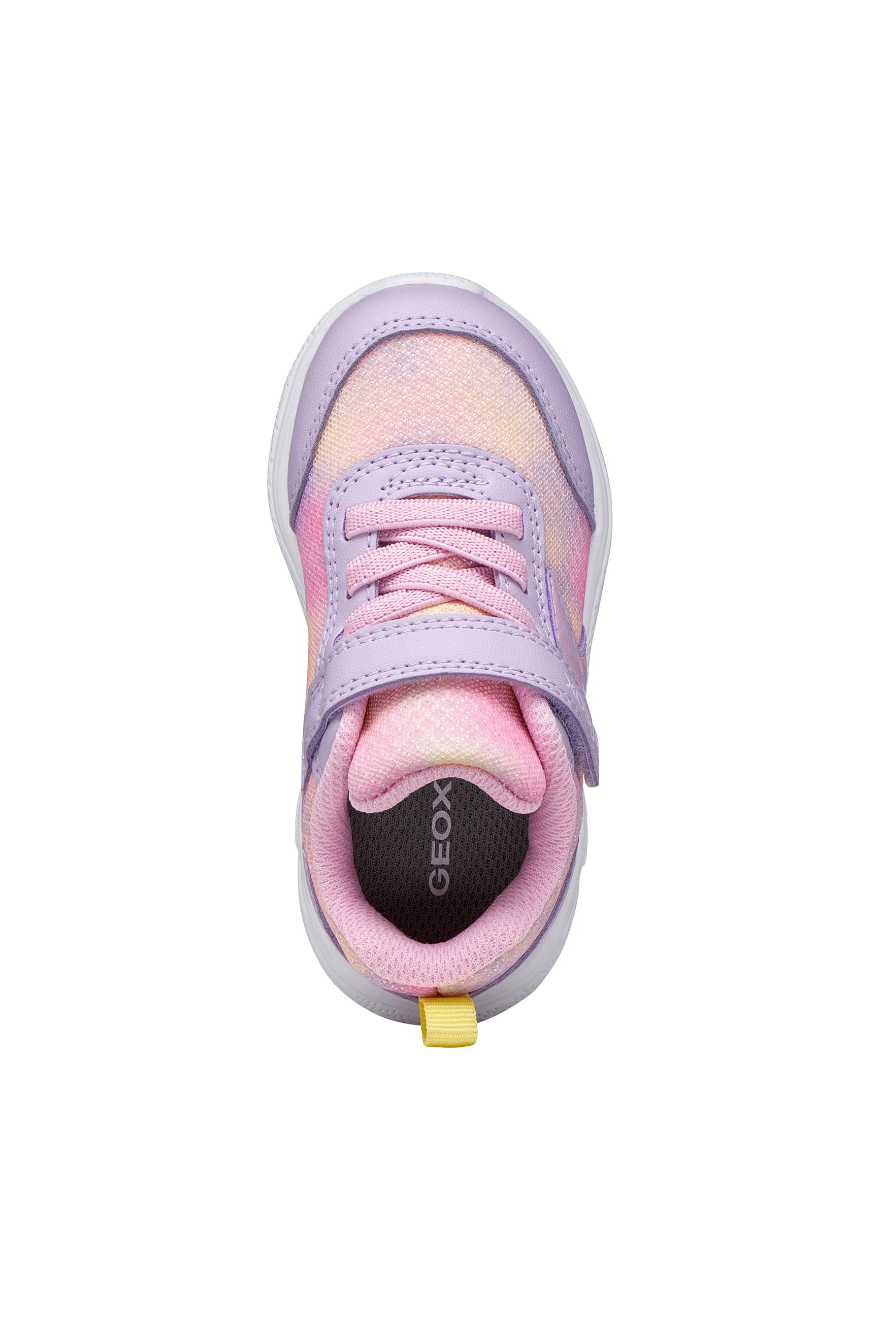 A girls trainer by Geox, style Sprintye in lilac/pink with ombre mesh detailing, velcro strap and elastic laces. Top view