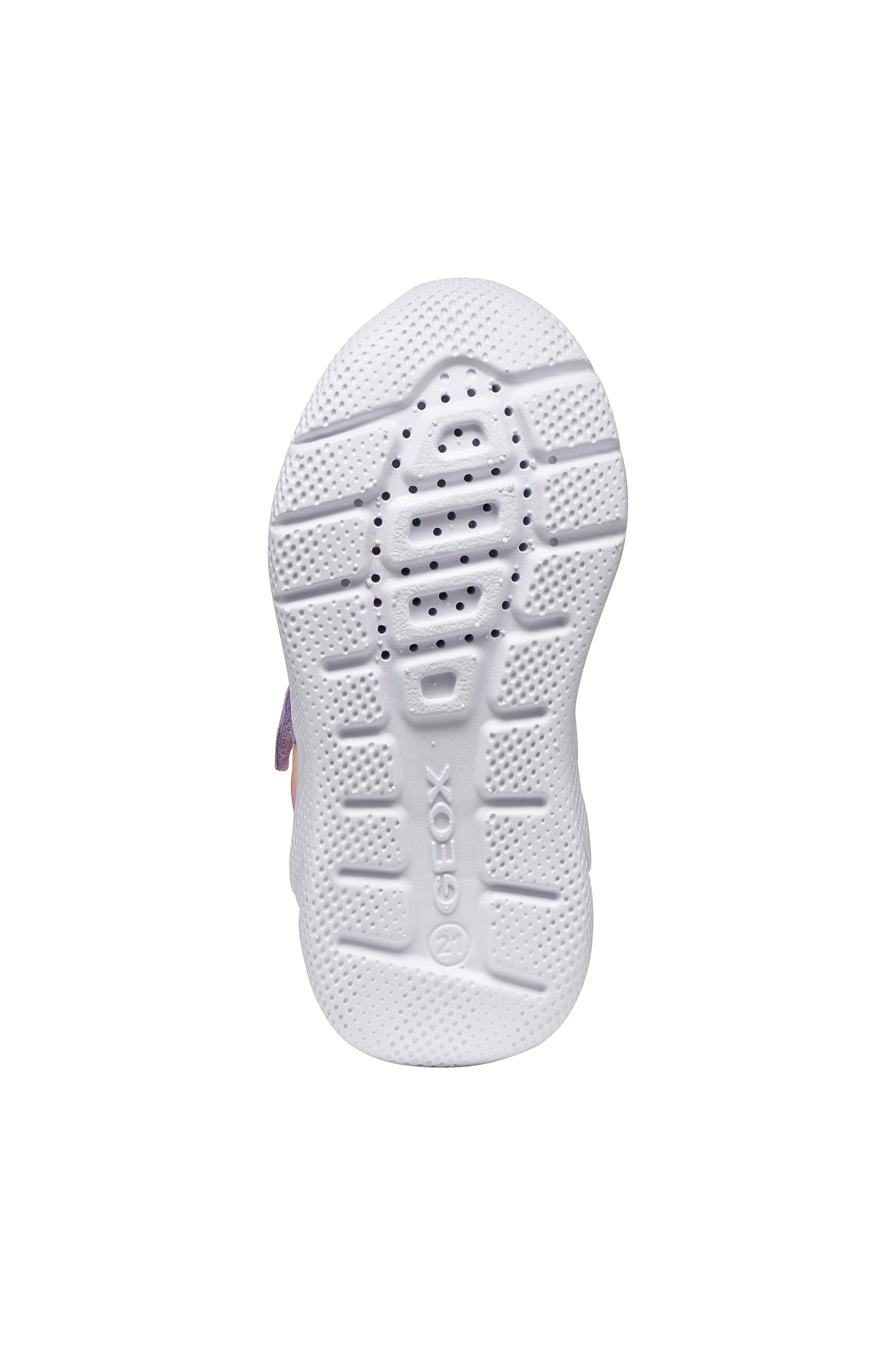A girls trainer by Geox, style Sprintye in lilac/pik with ombre mesh detailing, velcro strap and elastic laces. View of sole with breathable holes