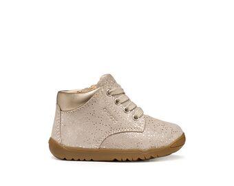 A girls first boot by Gex, style B Macchia Girl B464PA in gold with lace up fastening. Right side view.