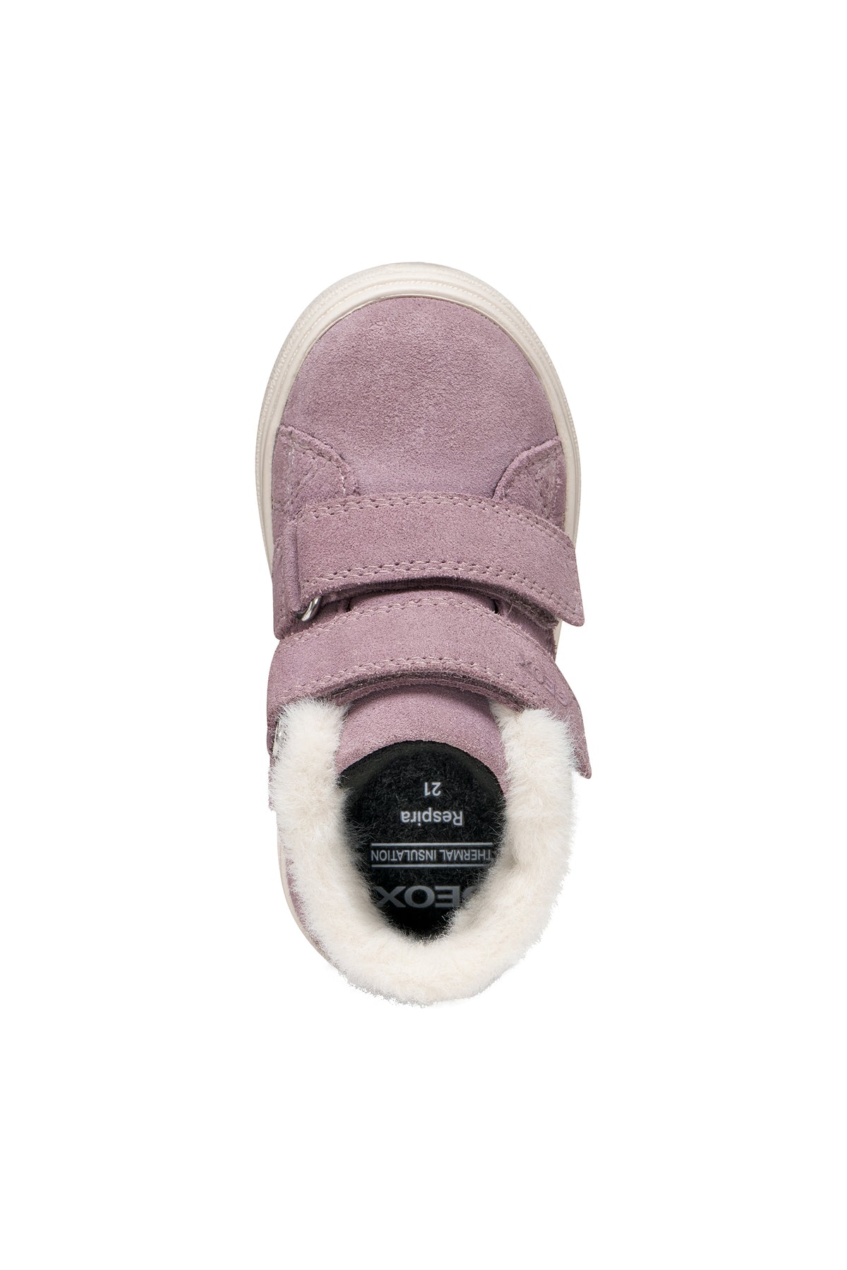 Geox girls ankle boot in the style Nashik in a purple light shimmer, with double Velcro straps, fleece detailing and a white sole. Top view. 