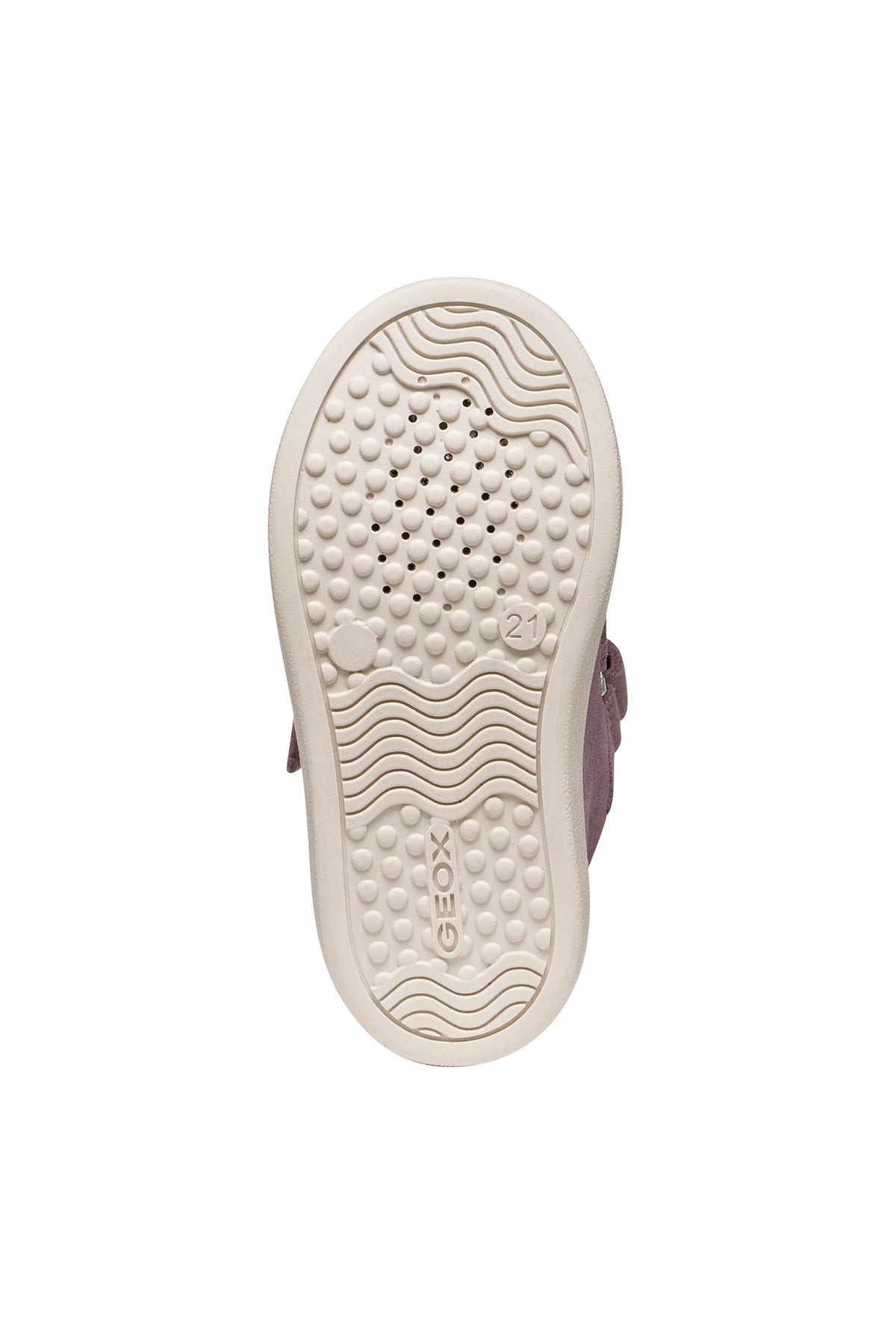 Geox girls ankle boot in the style Nashik in a purple light shimmer, with double Velcro straps, fleece detailing and a white sole. View of sole. 