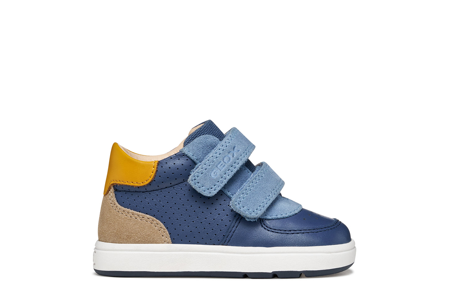 Blue leather Geox high top trainer with yellow and beige details, two light blue Velcro straps and a white and blue sole. Outer right side view.