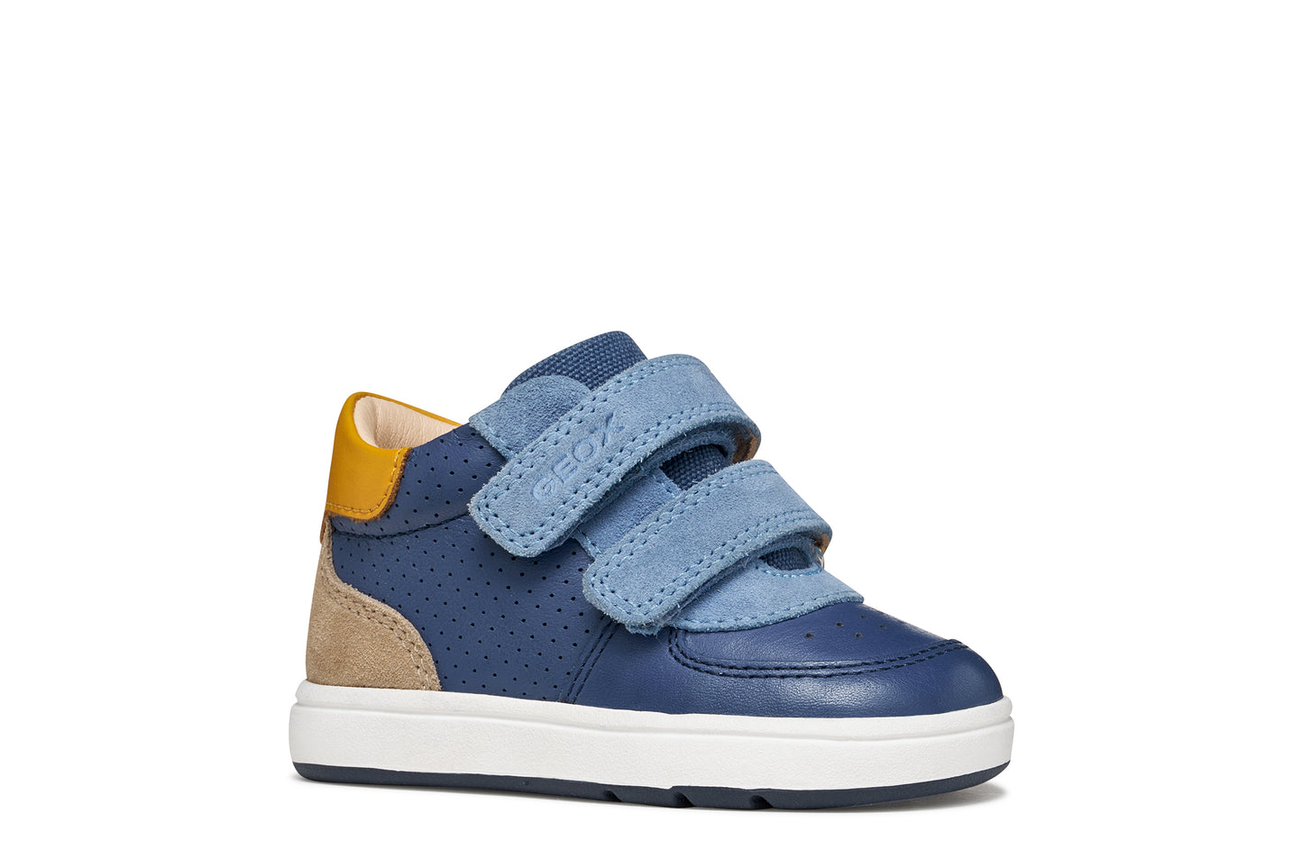 Blue leather Geox high top trainer with yellow and beige details, two light blue Velcro straps and a white and blue sole. Outer right side view.