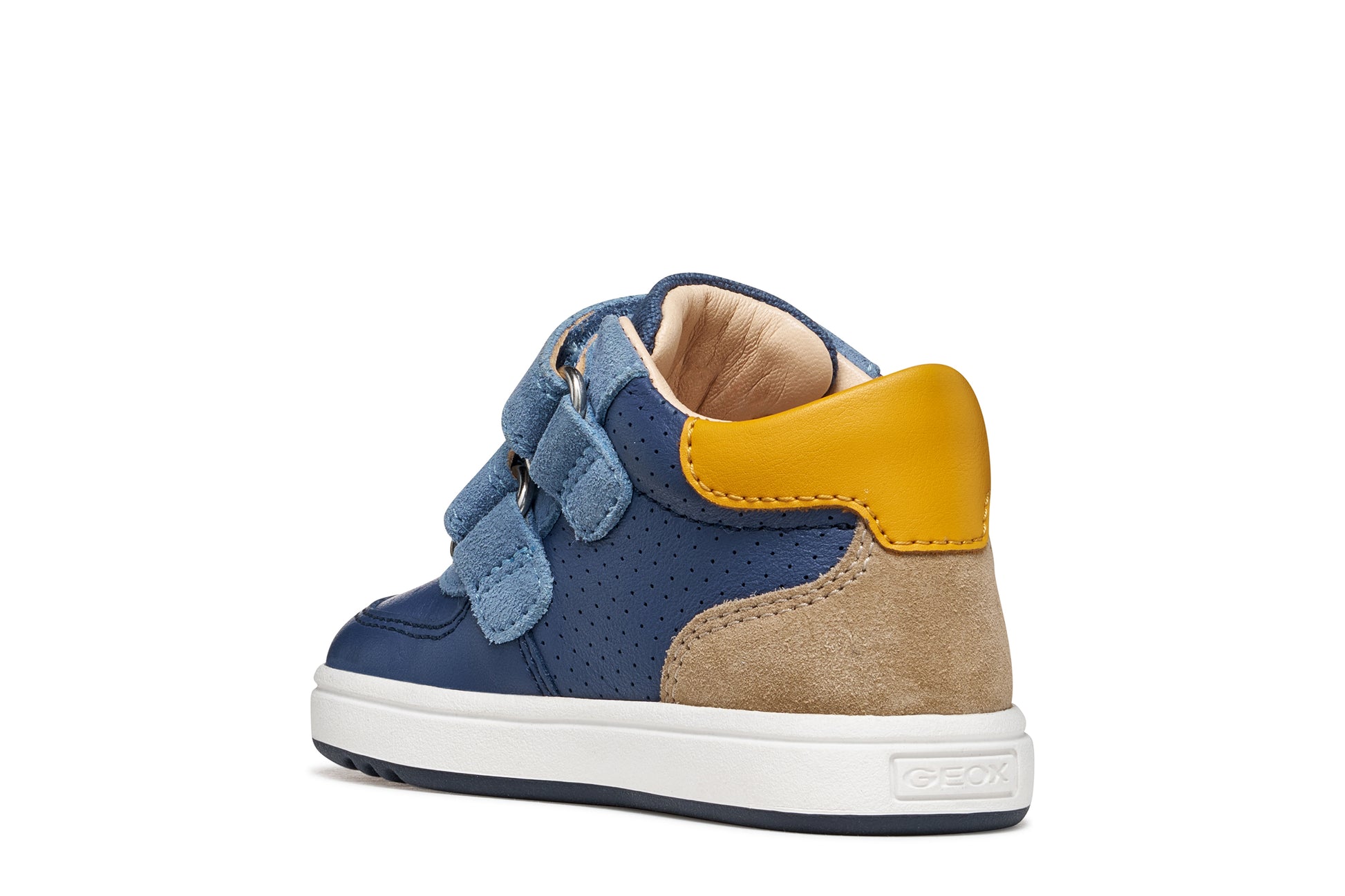 Blue leather Geox high top trainer with yellow and beige details, two light blue Velcro straps and a white and blue sole. Angled back view.