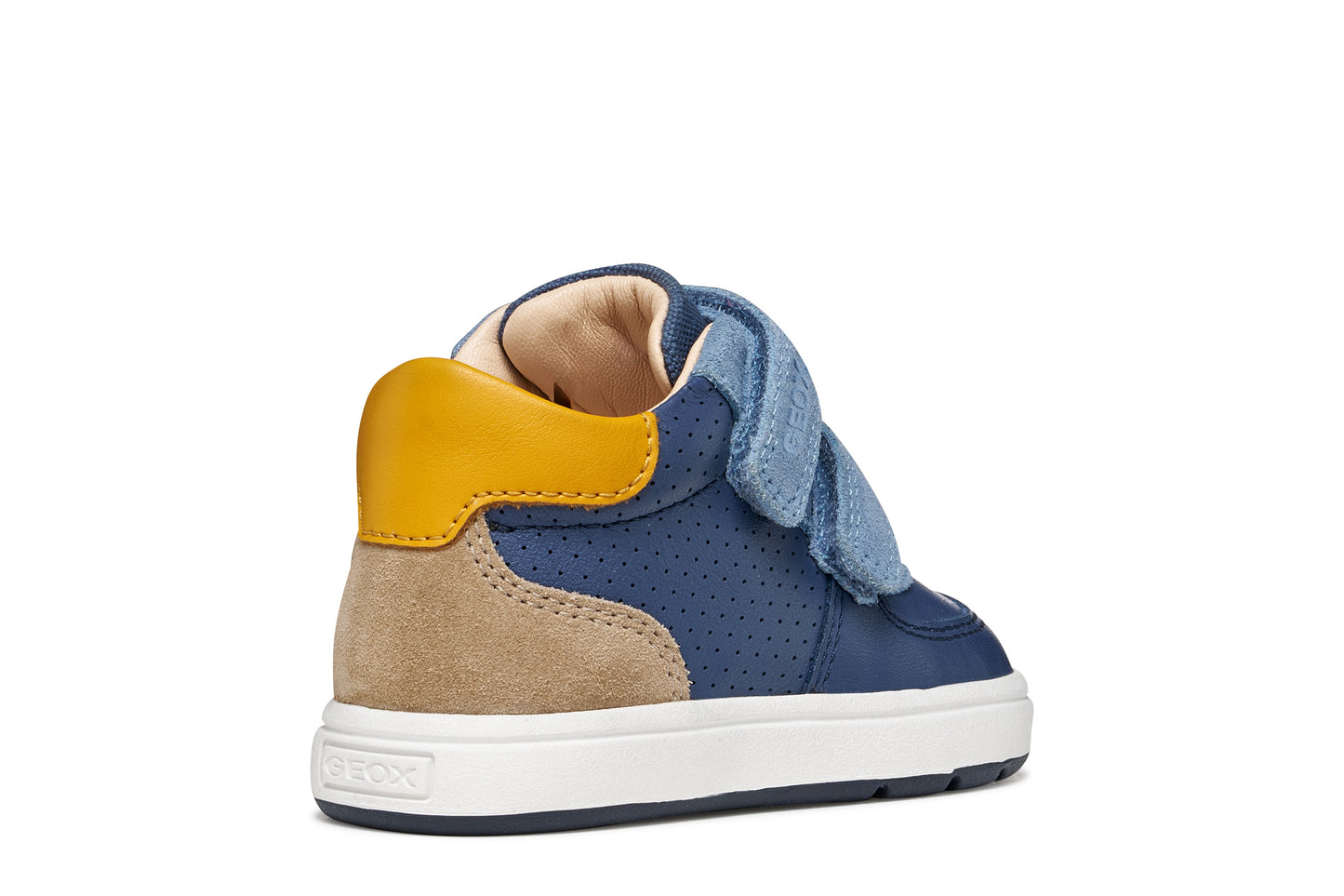 Blue leather Geox high top trainer with yellow and beige details, two light blue Velcro straps and a white and blue sole. Angled back view.