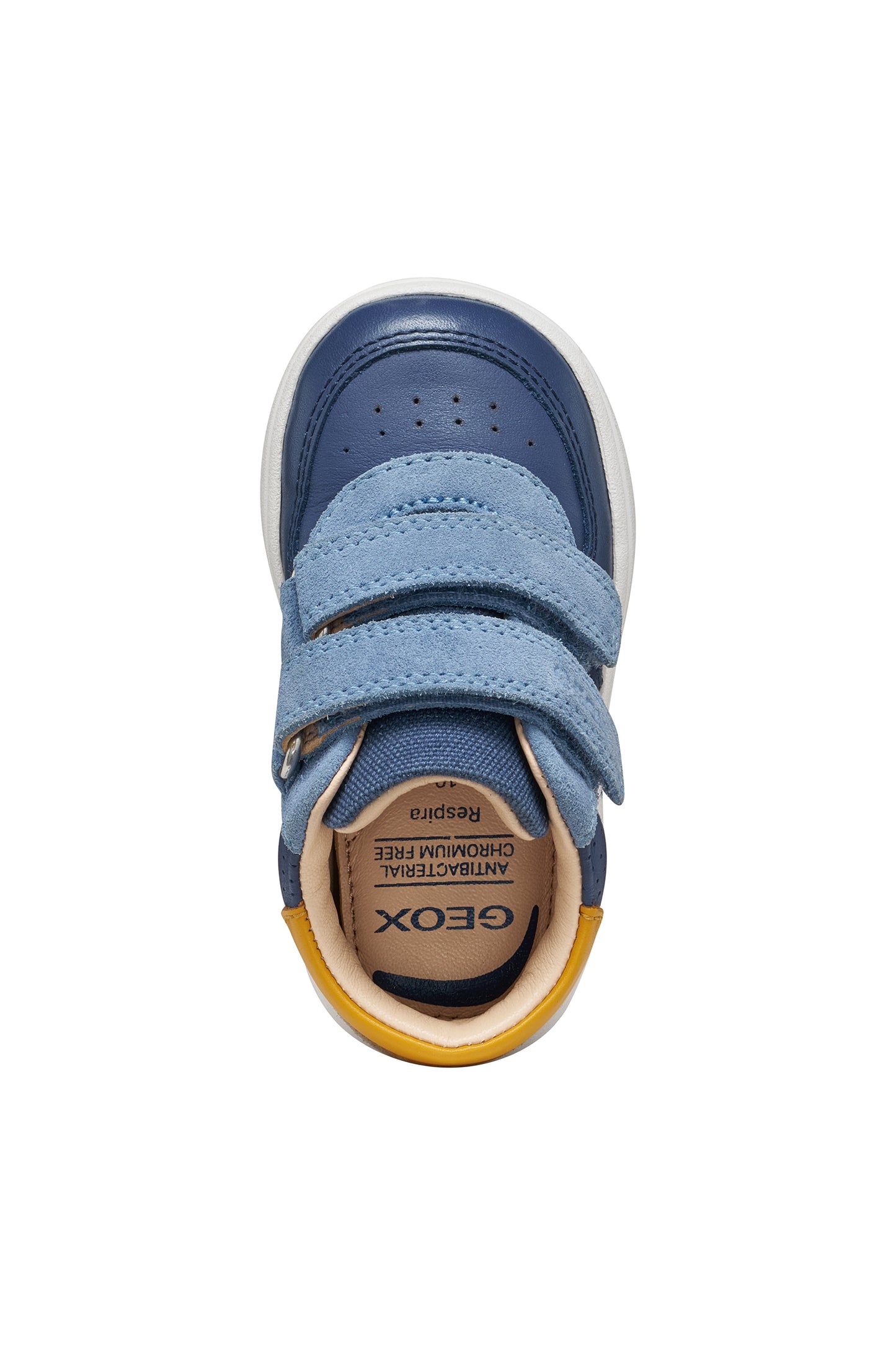 Blue leather Geox high top trainer with yellow and beige details, two light blue Velcro straps and a white and blue sole. Top view.