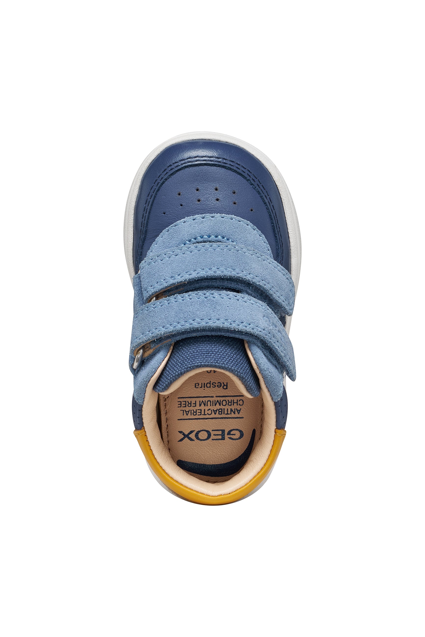Blue leather Geox high top trainer with yellow and beige details, two light blue Velcro straps and a white and blue sole. Top view.