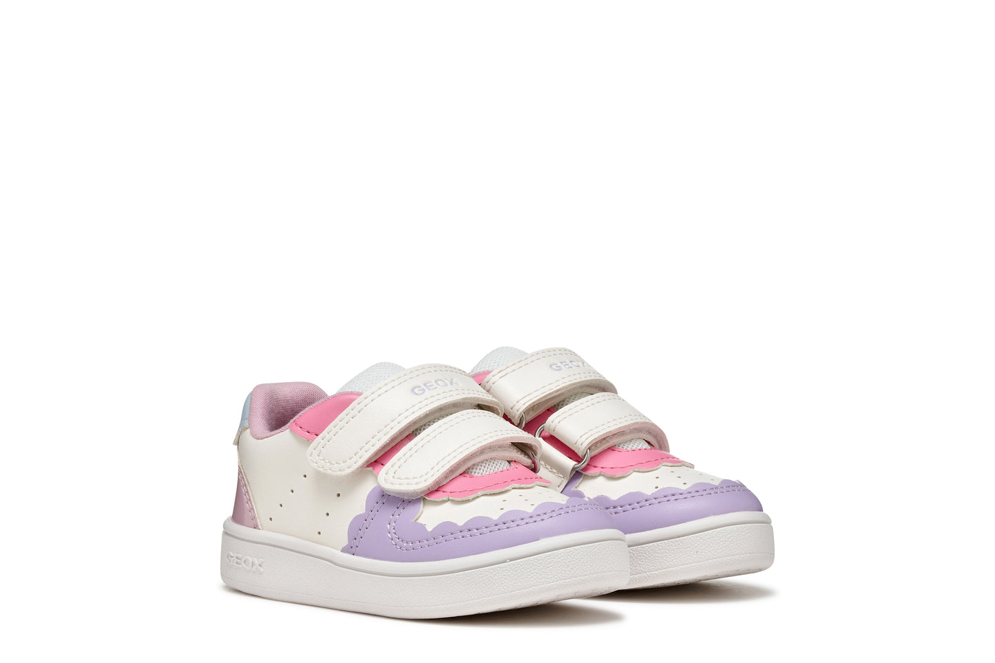 A girls trainer by Geox, stye Eclyper Girl in optic white/lilac with two velcro straps and blue/pink/lilac detailing.side view of pair