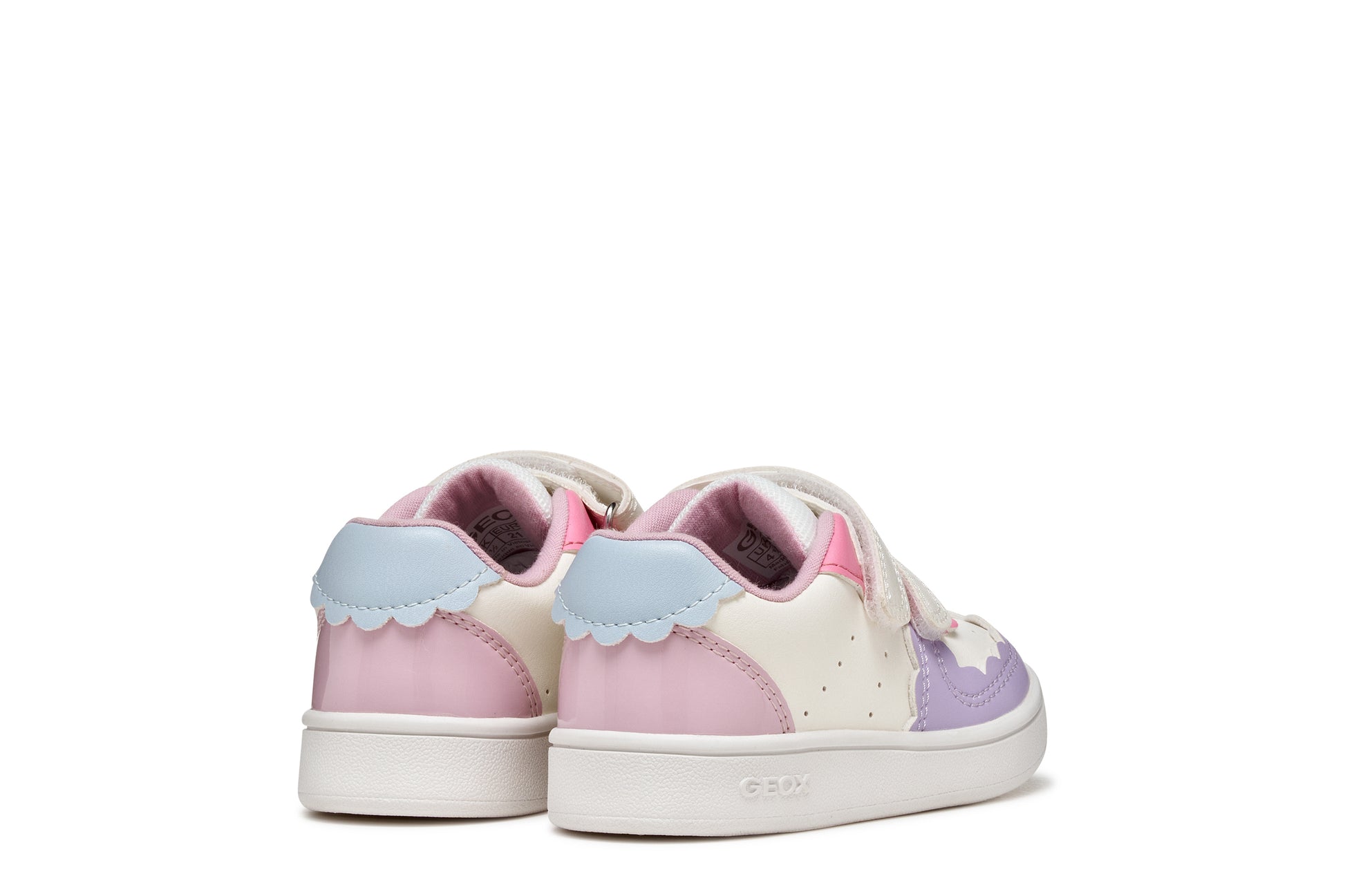 A girls trainer by Geox, stye Eclyper Girl in optic white/lilac with two velcro straps and blue/pink/lilac detailing. back view of pair