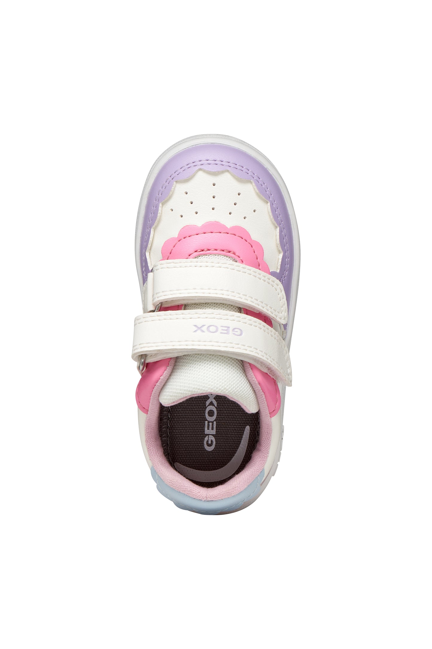A girls trainer by Geox, stye Eclyper Girl in optic white/lilac with two velcro straps and blue/pink/lilac detailing. Top view