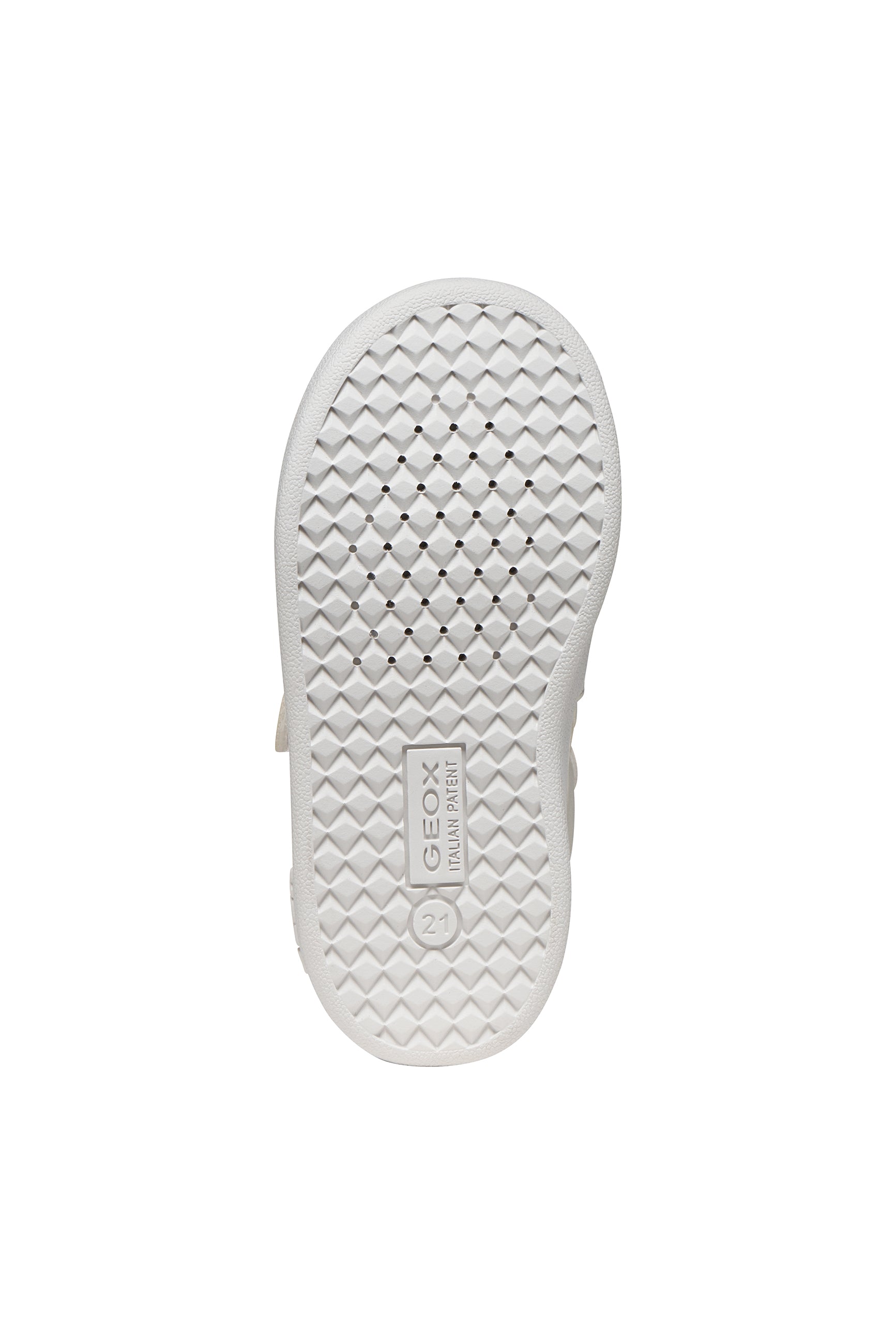 A girls trainer by Geox, stye Eclyper Girl in optic white/lilac with two velcro straps and blue/pink/lilac detailing. View of sole with breathable holes