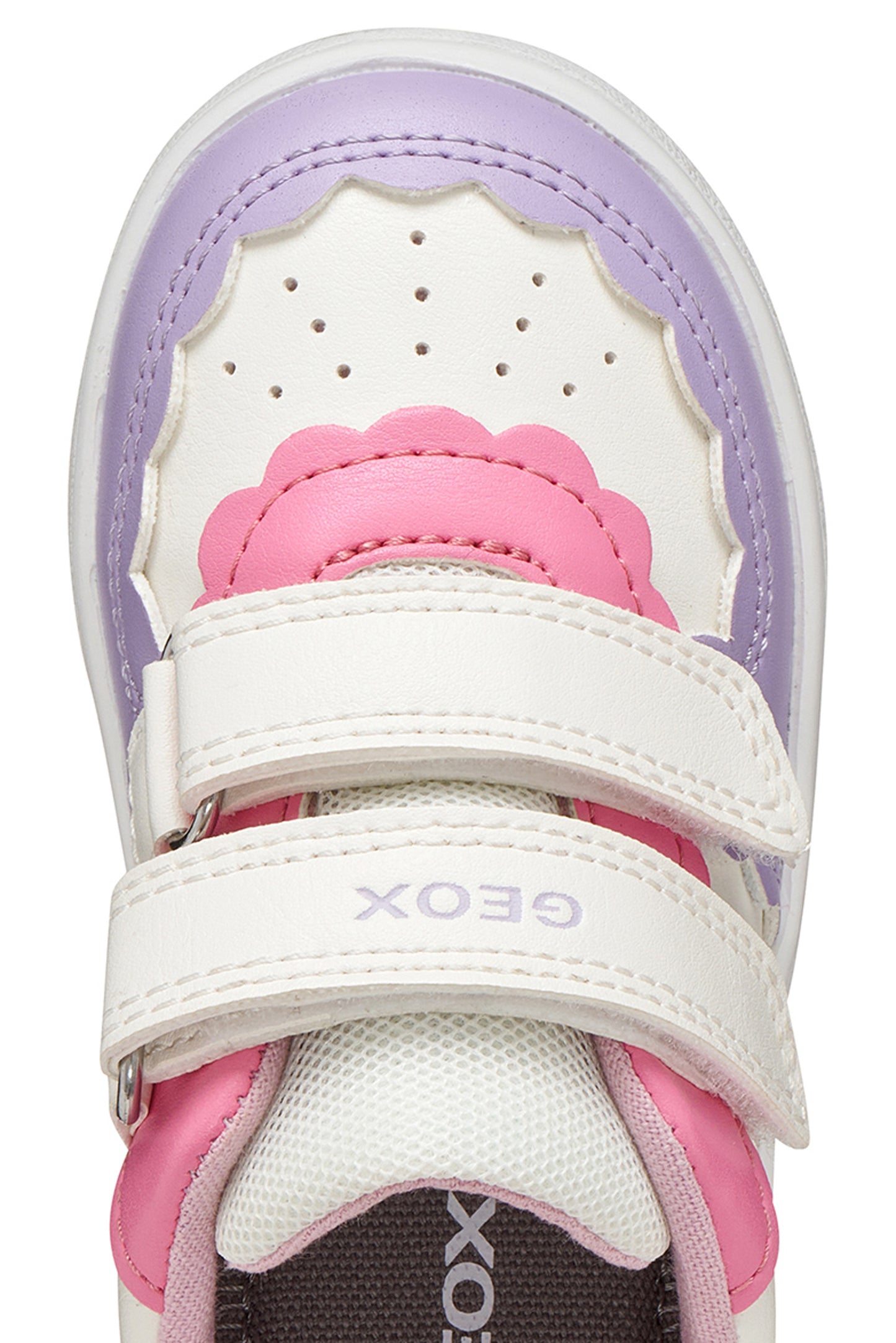 A girls trainer by Geox, stye Eclyper Girl in optic white/lilac with two velcro straps and blue/pink/lilac detailing. Zoomed view of straps and top