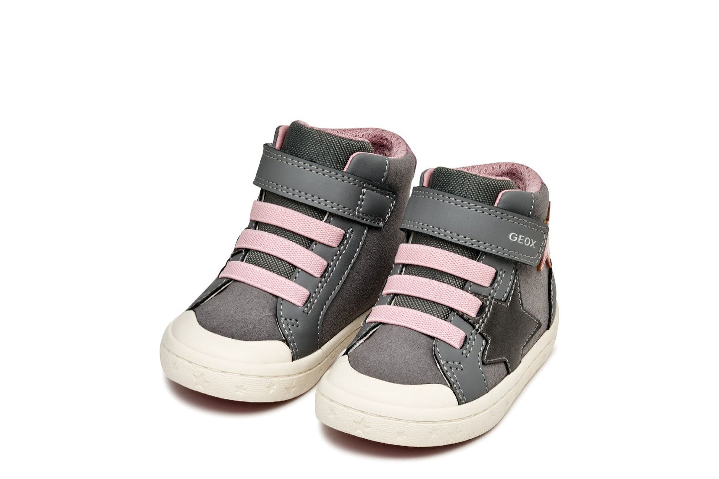 A girls boot by Geox, style Gisli, in grey/pink suede with grey and pink star details on the side, velcro strap and pink laces. Angled view.